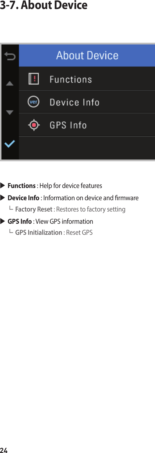 243-7. About DeviceFunctions : Help for device featuresDevice Info : Information on device and rmware┗ Factory Reset : Restores to factory setting GPS Info : View GPS information ┗ GPS Initialization : Reset GPS 