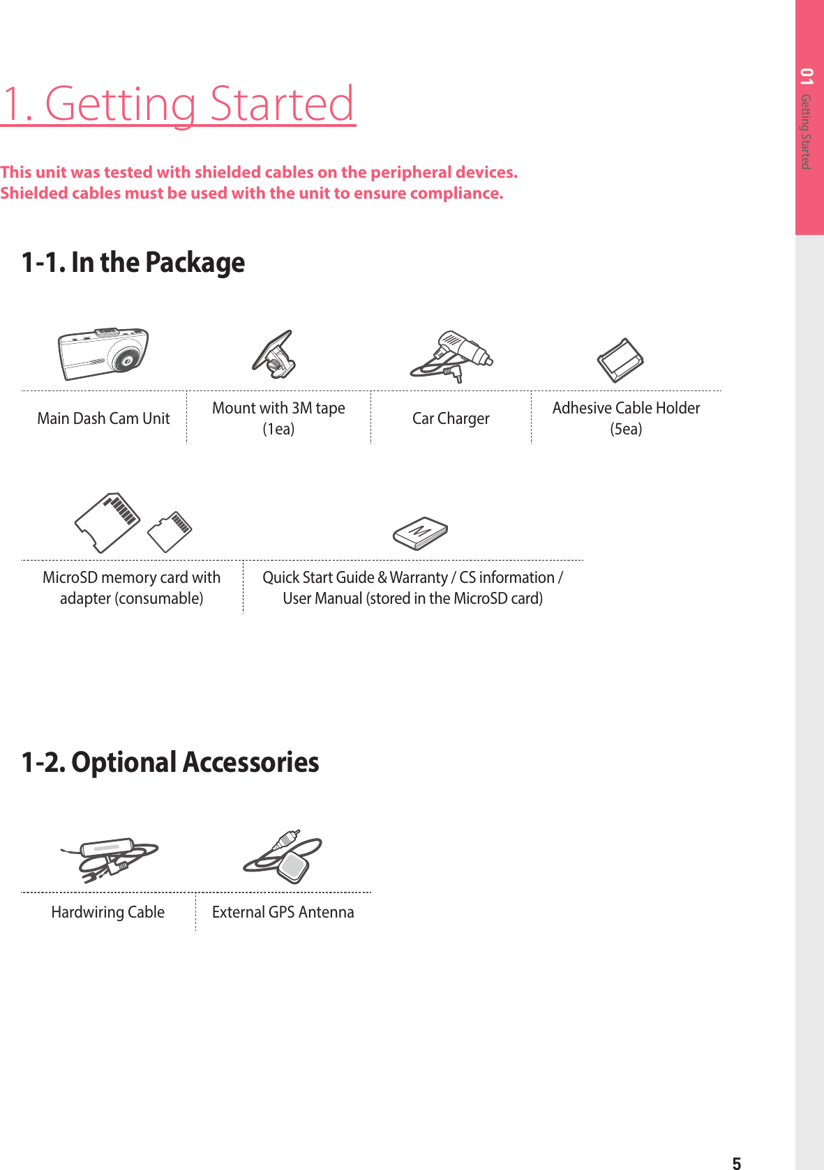 5Getting Started01Hardwiring Cable External GPS AntennaMicroSD memory card with adapter (consumable)Quick Start Guide &amp; Warranty / CS information /   User Manual (stored in the MicroSD card)1. Getting StartedThis unit was tested with shielded cables on the peripheral devices. Shielded cables must be used with the unit to ensure compliance.1-1. In the Package 1-2. Optional Accessories Main Dash Cam Unit  Mount with 3M tape  (1ea) Car Charger  Adhesive Cable Holder  (5ea)