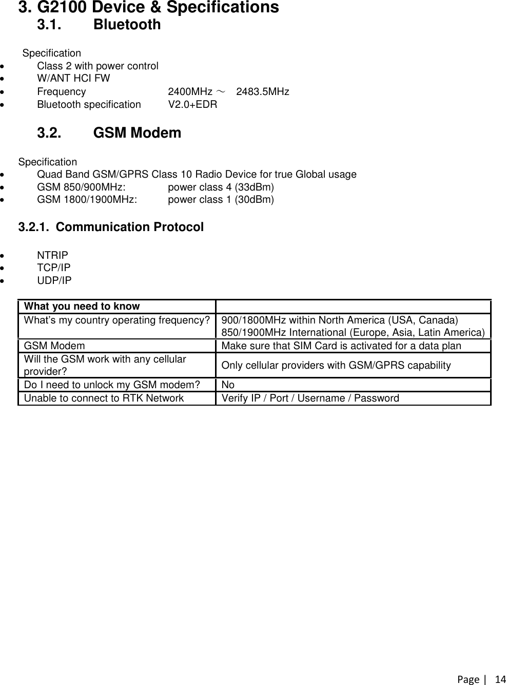 Page |143. G2100 Device &amp; Specifications3.1. BluetoothSpecificationClass 2 with power controlW/ANT HCI FWFrequency 2400MHz ～2483.5MHzBluetooth specification V2.0+EDR3.2. GSM ModemSpecificationQuad Band GSM/GPRS Class 10 Radio Device for true Global usageGSM 850/900MHz: power class 4 (33dBm)GSM 1800/1900MHz: power class 1 (30dBm)3.2.1. Communication ProtocolNTRIPTCP/IPUDP/IPDirect DialWhat you need to knowWhat’smy country operating frequency? 900/1800MHz within North America (USA, Canada)850/1900MHz International (Europe, Asia, Latin America)GSM Modem Make sure that SIM Card is activated for a data planWill the GSM work with any cellularprovider? Only cellular providers with GSM/GPRS capabilityDo I need to unlock my GSM modem? NoUnable to connect to RTK Network Verify IP / Port / Username / Password