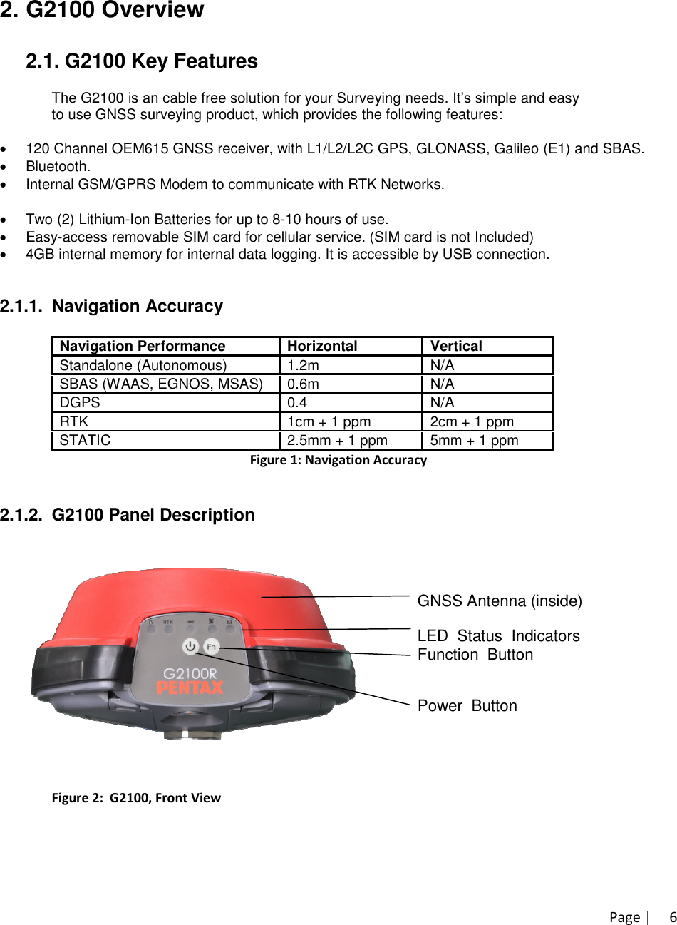 Page |62. G2100 Overview2.1. G2100 Key FeaturesThe G2100 is an cable free solution for your Surveying needs. It’ssimple and easyto use GNSS surveying product, which provides the following features:120 Channel OEM615 GNSS receiver, with L1/L2/L2C GPS, GLONASS, Galileo (E1) and SBAS.Bluetooth.Internal GSM/GPRS Modem to communicate with RTK Networks.Internal digital UHF Radio to receive RTK corrections. (G2100R only)Two (2) Lithium-Ion Batteries for up to 8-10 hours of use.Easy-access removable SIM card for cellular service. (SIM card is not Included)4GB internal memory for internal data logging. It is accessible by USB connection.2.1.1. Navigation AccuracyNavigation Performance Horizontal VerticalStandalone (Autonomous) 1.2m N/ASBAS (WAAS, EGNOS, MSAS) 0.6m N/ADGPS 0.4 N/ARTK 1cm + 1 ppm 2cm + 1 ppmSTATIC 2.5mm + 1 ppm 5mm + 1 ppmFigure 1: Navigation Accuracy2.1.2. G2100 Panel DescriptionGNSS Antenna (inside)LED Status IndicatorsFunction ButtonPower ButtonFigure 2: G2100, Front View