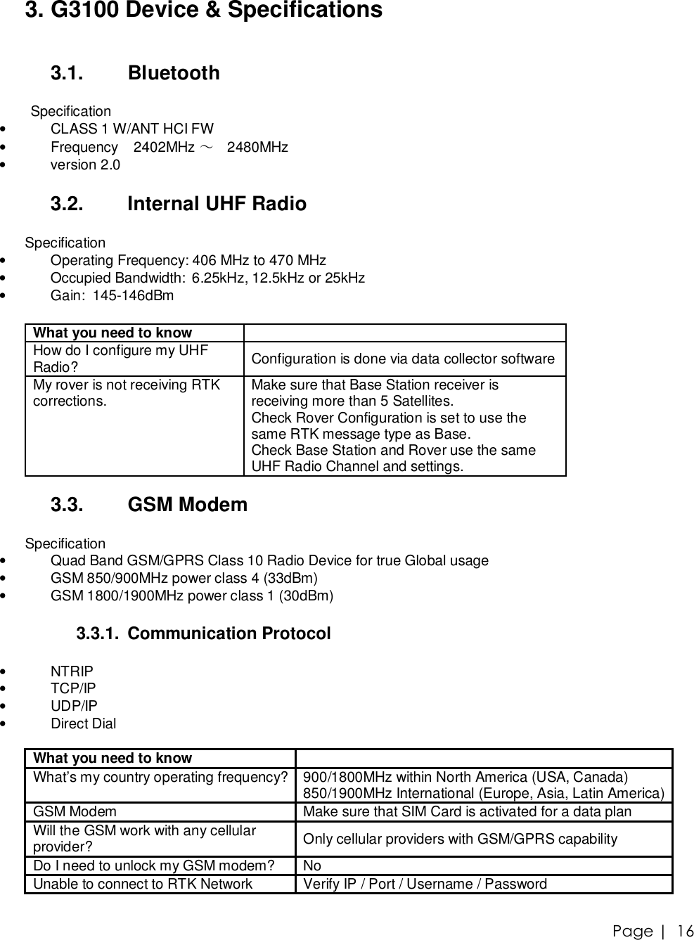 Page |   16 3. G3100 Device &amp; Specifications   3.1.  Bluetooth   Specification • CLASS 1 W/ANT HCI FW • Frequency    2402MHz ～ 2480MHz • version 2.0  3.2.  Internal UHF Radio  Specification • Operating Frequency: 406 MHz to 470 MHz • Occupied Bandwidth:  6.25kHz, 12.5kHz or 25kHz • Gain:  145-146dBm  What you need to know   How do I configure my UHF Radio?  Configuration is done via data collector software  My rover is not receiving RTK corrections.  Make sure that Base Station receiver is receiving more than 5 Satellites.  Check Rover Configuration is set to use the same RTK message type as Base.  Check Base Station and Rover use the same UHF Radio Channel and settings.  3.3.  GSM Modem  Specification • Quad Band GSM/GPRS Class 10 Radio Device for true Global usage • GSM 850/900MHz power class 4 (33dBm)  • GSM 1800/1900MHz power class 1 (30dBm)  3.3.1. Communication Protocol  •  NTRIP • TCP/IP • UDP/IP  • Direct Dial  What you need to know   What’s my country operating frequency? 900/1800MHz within North America (USA, Canada) 850/1900MHz International (Europe, Asia, Latin America) GSM Modem  Make sure that SIM Card is activated for a data plan Will the GSM work with any cellular provider?  Only cellular providers with GSM/GPRS capability Do I need to unlock my GSM modem?  No Unable to connect to RTK Network  Verify IP / Port / Username / Password 