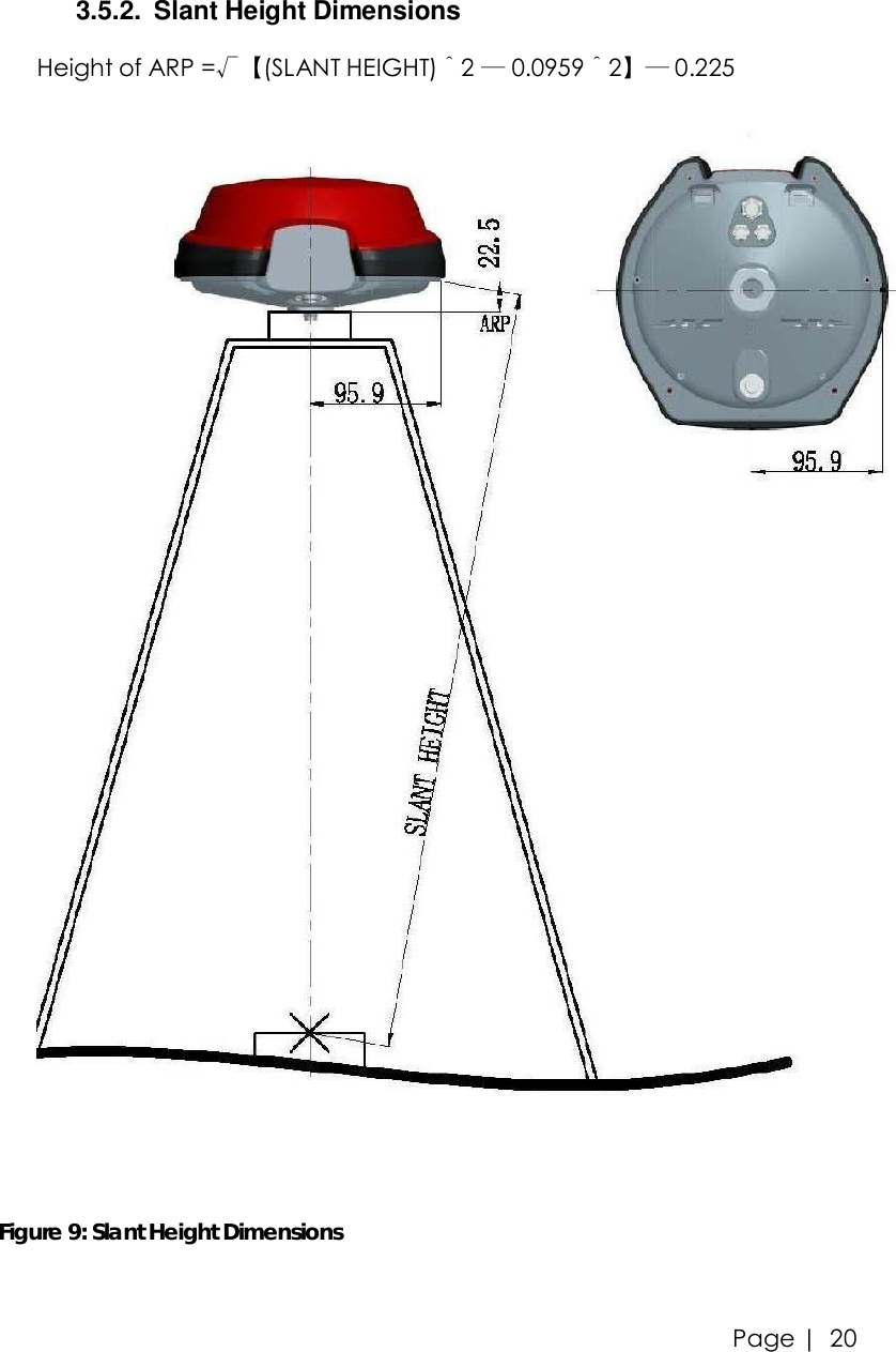 Page |   20 3.5.2. Slant Height Dimensions Height of ARP =√【(SLANT HEIGHT)＾2 ― 0.0959＾2】― 0.225     Figure 9: Slant Height Dimensions  