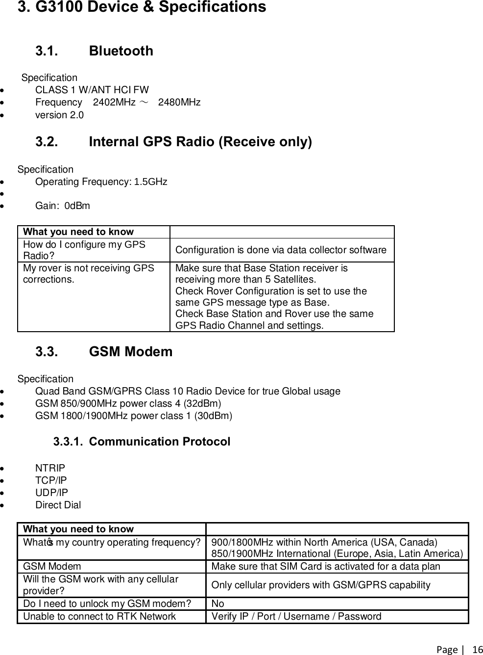 Page |   16 3. G3100 Device &amp; Specifications   3.1.  Bluetooth   Specification ·  CLASS 1 W/ANT HCI FW ·  Frequency    2402MHz ～ 2480MHz ·  version 2.0  3.2.  Internal GPS Radio (Receive only) Specification ·  Operating Frequency: 1.5GHz · ·  Gain:  0dBm  What you need to know   How do I configure my GPS Radio?  Configuration is done via data collector software  My rover is not receiving GPS corrections.    Make sure that Base Station receiver is receiving more than 5 Satellites.   Check Rover Configuration is set to use the same GPS message type as Base.   Check Base Station and Rover use the same GPS Radio Channel and settings.  3.3.  GSM Modem  Specification ·  Quad Band GSM/GPRS Class 10 Radio Device for true Global usage ·  GSM 850/900MHz power class 4 (32dBm)  ·  GSM 1800/1900MHz power class 1 (30dBm)  3.3.1.  Communication Protocol  ·  NTRIP ·  TCP/IP ·  UDP/IP  ·  Direct Dial  What you need to know  What’s my country operating frequency? 900/1800MHz within North America (USA, Canada) 850/1900MHz International (Europe, Asia, Latin America) GSM Modem Make sure that SIM Card is activated for a data plan Will the GSM work with any cellular provider?  Only cellular providers with GSM/GPRS capability Do I need to unlock my GSM modem? No Unable to connect to RTK Network Verify IP / Port / Username / Password 