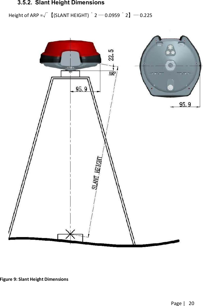 Page |   20 3.5.2.  Slant Height Dimensions Height of ARP =√【(SLANT HEIGHT)＾2 ― 0.0959＾2】― 0.225     Figure 9: Slant Height Dimensions  