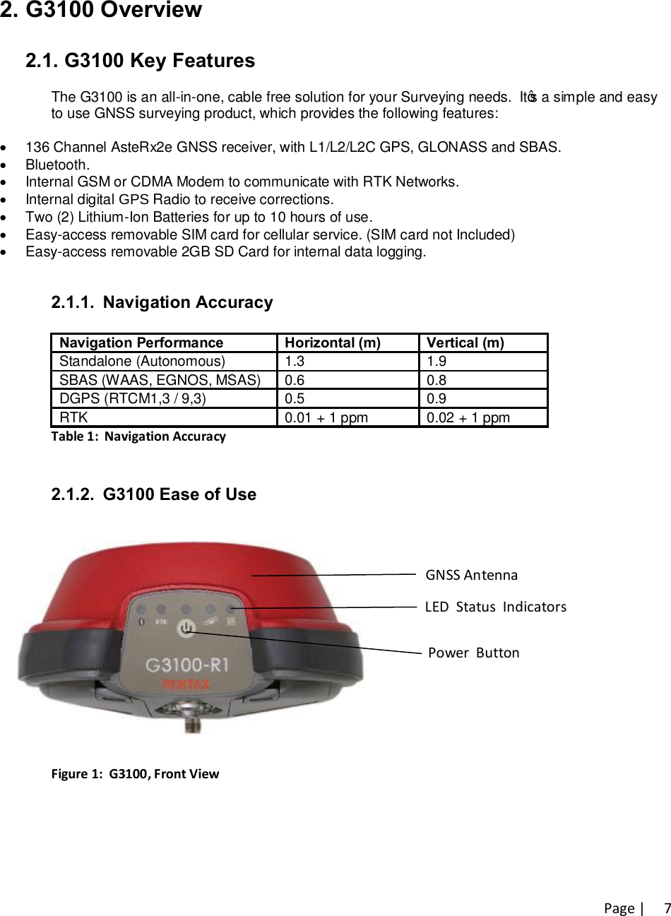 Page |   7 2. G3100 Overview  2.1. G3100 Key Features  The G3100 is an all-in-one, cable free solution for your Surveying needs.  It’s a simple and easy  to use GNSS surveying product, which provides the following features:  ·  136 Channel AsteRx2e GNSS receiver, with L1/L2/L2C GPS, GLONASS and SBAS.  ·  Bluetooth. ·  Internal GSM or CDMA Modem to communicate with RTK Networks. ·  Internal digital GPS Radio to receive corrections. ·  Two (2) Lithium-Ion Batteries for up to 10 hours of use. ·  Easy-access removable SIM card for cellular service. (SIM card not Included) ·  Easy-access removable 2GB SD Card for internal data logging.   2.1.1.  Navigation Accuracy  Navigation Performance  Horizontal (m)  Vertical (m) Standalone (Autonomous) 1.3 1.9 SBAS (WAAS, EGNOS, MSAS) 0.6 0.8 DGPS (RTCM1,3 / 9,3) 0.5 0.9 RTK 0.01 + 1 ppm 0.02 + 1 ppm Table 1:  Navigation Accuracy   2.1.2.  G3100 Ease of Use     Figure 1:  G3100, Front ViewGNSS Antenna LED  Status  Indicators Power  Button 