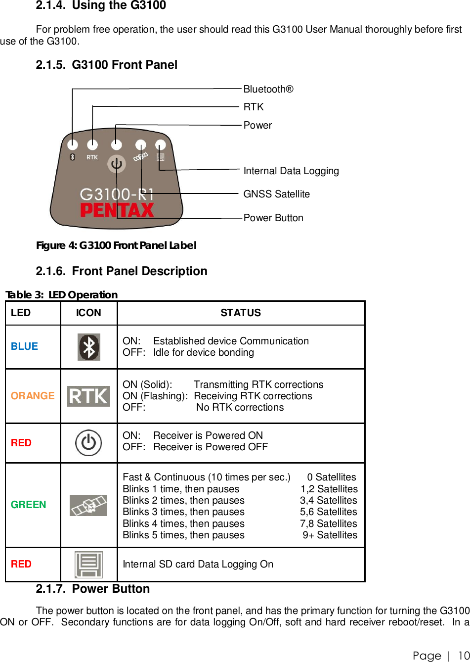 Page |   10 2.1.4. Using the G3100  For problem free operation, the user should read this G3100 User Manual thoroughly before first use of the G3100.    2.1.5. G3100 Front Panel          Bluetooth®  RTK  Power    Internal Data Logging  GNSS Satellite  Power Button Figure 4: G3100 Front Panel Label  2.1.6. Front Panel Description  Table 3:  LED Operation LED  ICON  STATUS BLUE    ON:  Established device Communication   OFF:  Idle for device bonding  ORANGE   ON (Solid):    Transmitting RTK corrections ON (Flashing):  Receiving RTK corrections OFF:    No RTK corrections  RED    ON:   Receiver is Powered ON OFF:   Receiver is Powered OFF  GREEN    Fast &amp; Continuous (10 times per sec.)      0 Satellites Blinks 1 time, then pauses                      1,2 Satellites Blinks 2 times, then pauses                    3,4 Satellites Blinks 3 times, then pauses                    5,6 Satellites Blinks 4 times, then pauses                    7,8 Satellites Blinks 5 times, then pauses                     9+ Satellites  RED   Internal SD card Data Logging On 2.1.7. Power Button  The power button is located on the front panel, and has the primary function for turning the G3100 ON or OFF.  Secondary functions are for data logging On/Off, soft and hard receiver reboot/reset.  In a 