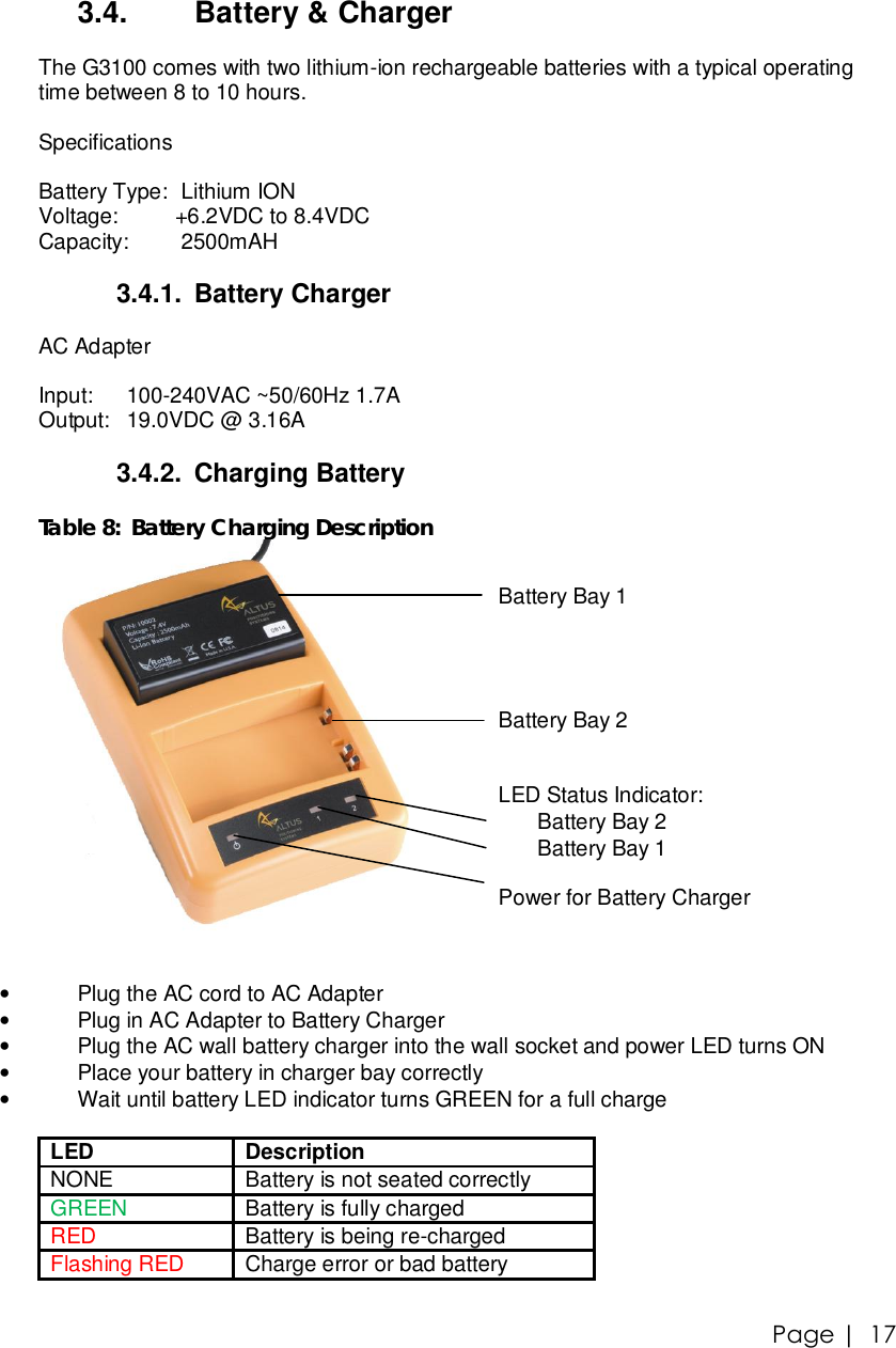 Page |   17 3.4.  Battery &amp; Charger  The G3100 comes with two lithium-ion rechargeable batteries with a typical operating time between 8 to 10 hours.  Specifications  Battery Type:  Lithium ION Voltage:   +6.2VDC to 8.4VDC Capacity:   2500mAH  3.4.1. Battery Charger  AC Adapter  Input:  100-240VAC ~50/60Hz 1.7A Output:  19.0VDC @ 3.16A  3.4.2. Charging Battery  Table 8:  Battery Charging Description    Battery Bay 1     Battery Bay 2   LED Status Indicator:  Battery Bay 2  Battery Bay 1  Power for Battery Charger  • Plug the AC cord to AC Adapter • Plug in AC Adapter to Battery Charger • Plug the AC wall battery charger into the wall socket and power LED turns ON  • Place your battery in charger bay correctly • Wait until battery LED indicator turns GREEN for a full charge  LED  Description NONE  Battery is not seated correctly GREEN  Battery is fully charged RED  Battery is being re-charged  Flashing RED  Charge error or bad battery  