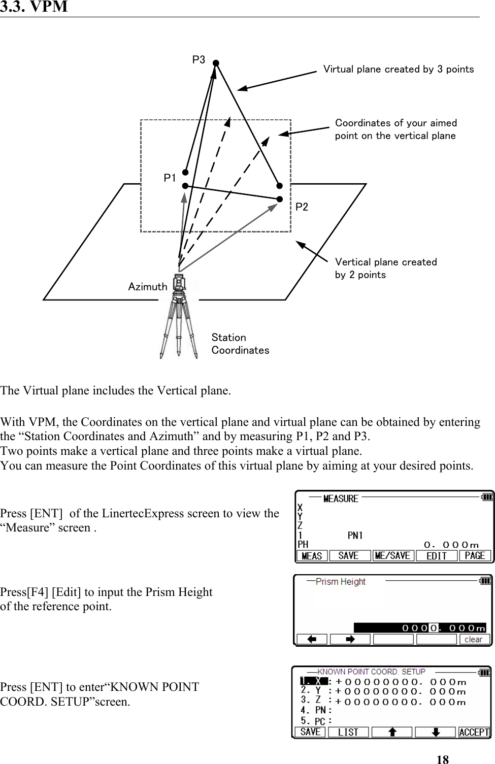 3.3. VPM The Virtual plane includes the Vertical plane. With VPM, the Coordinates on the vertical plane and virtual plane can be obtained by entering the “Station Coordinates and Azimuth” and by measuring P1, P2 and P3. Two points make a vertical plane and three points make a virtual plane. You can measure the Point Coordinates of this virtual plane by aiming at your desired points.Press [ENT]  of the LinertecExpress screen to view the “Measure” screen .Press[F4] [Edit] to input the Prism Height of the reference point. Press [ENT] to enter“KNOWN POINT COORD. SETUP”screen.18P1P2P3AzimuthStationCoordinatesVertical plane createdby 2 pointsCoordinates of your aimedpoint on the vertical planeVirtual plane created by 3 points