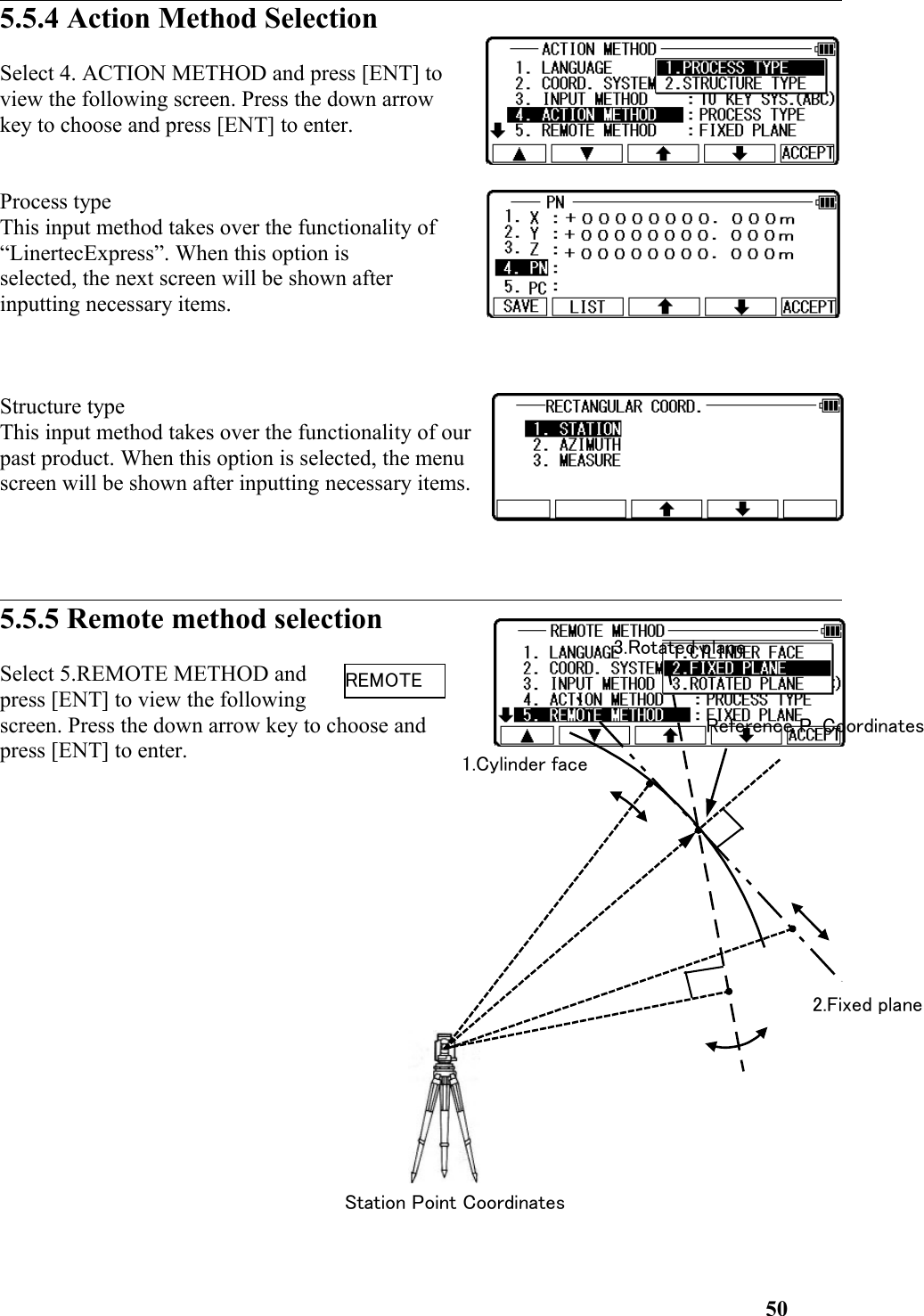 5.5.4 Action Method SelectionSelect 4. ACTION METHOD and press [ENT] to view the following screen. Press the down arrowkey to choose and press [ENT] to enter. Process type This input method takes over the functionality of“LinertecExpress”. When this option is selected, the next screen will be shown afterinputting necessary items. Structure type This input method takes over the functionality of ourpast product. When this option is selected, the menuscreen will be shown after inputting necessary items.5.5.5 Remote method selectionSelect 5.REMOTE METHOD andpress [ENT] to view the followingscreen. Press the down arrow key to choose andpress [ENT] to enter.501.Cylinder faceReference P. Coordinates2.Fixed plane3.Rotated planeStation Point CoordinatesREMOTE