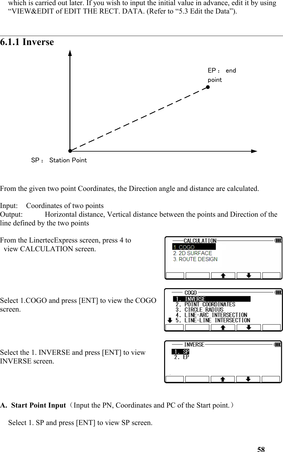 which is carried out later. If you wish to input the initial value in advance, edit it by using “VIEW&amp;EDIT of EDIT THE RECT. DATA. (Refer to “5.3 Edit the Data”).  6.1.1 InverseFrom the given two point Coordinates, the Direction angle and distance are calculated. Input: Coordinates of two points Output: Horizontal distance, Vertical distance between the points and Direction of the line defined by the two pointsFrom the LinertecExpress screen, press 4 to view CALCULATION screen.Select 1.COGO and press [ENT] to view the COGOscreen.Select the 1. INVERSE and press [ENT] to viewINVERSE screen.A. Start Point Input（Input the PN, Coordinates and PC of the Start point.）Select 1. SP and press [ENT] to view SP screen.58EP ：end pointSP ：Station Point