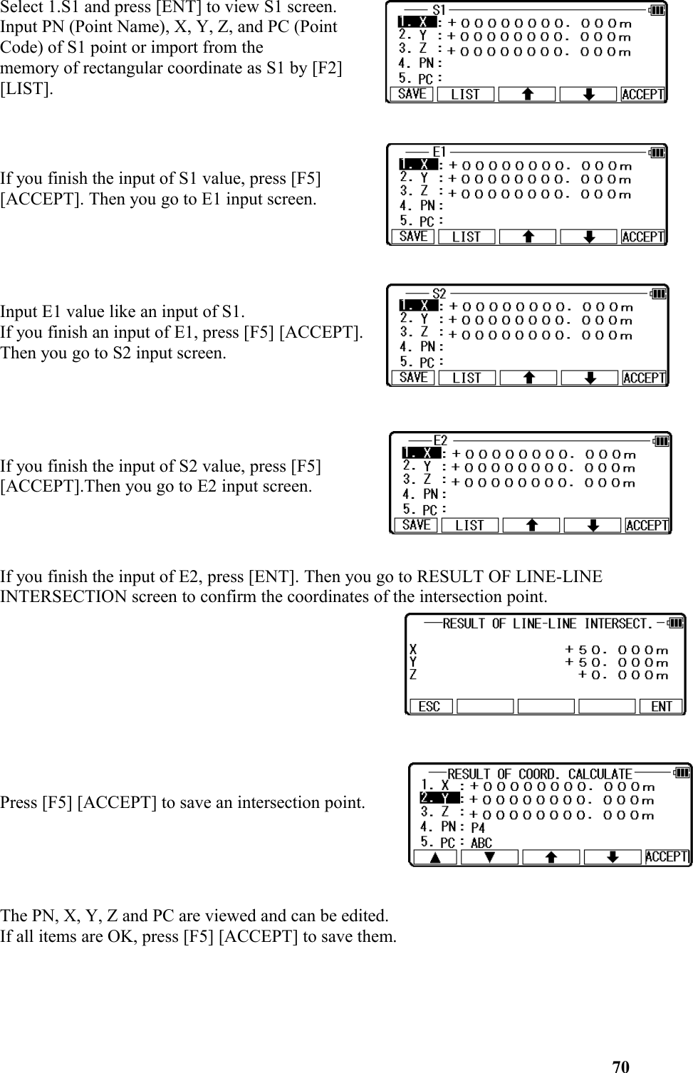 Select 1.S1 and press [ENT] to view S1 screen. Input PN (Point Name), X, Y, Z, and PC (PointCode) of S1 point or import from the memory of rectangular coordinate as S1 by [F2] [LIST].If you finish the input of S1 value, press [F5] [ACCEPT]. Then you go to E1 input screen. Input E1 value like an input of S1. If you finish an input of E1, press [F5] [ACCEPT]. Then you go to S2 input screen.If you finish the input of S2 value, press [F5] [ACCEPT].Then you go to E2 input screen. If you finish the input of E2, press [ENT]. Then you go to RESULT OF LINE-LINE INTERSECTION screen to confirm the coordinates of the intersection point.Press [F5] [ACCEPT] to save an intersection point.The PN, X, Y, Z and PC are viewed and can be edited. If all items are OK, press [F5] [ACCEPT] to save them.70