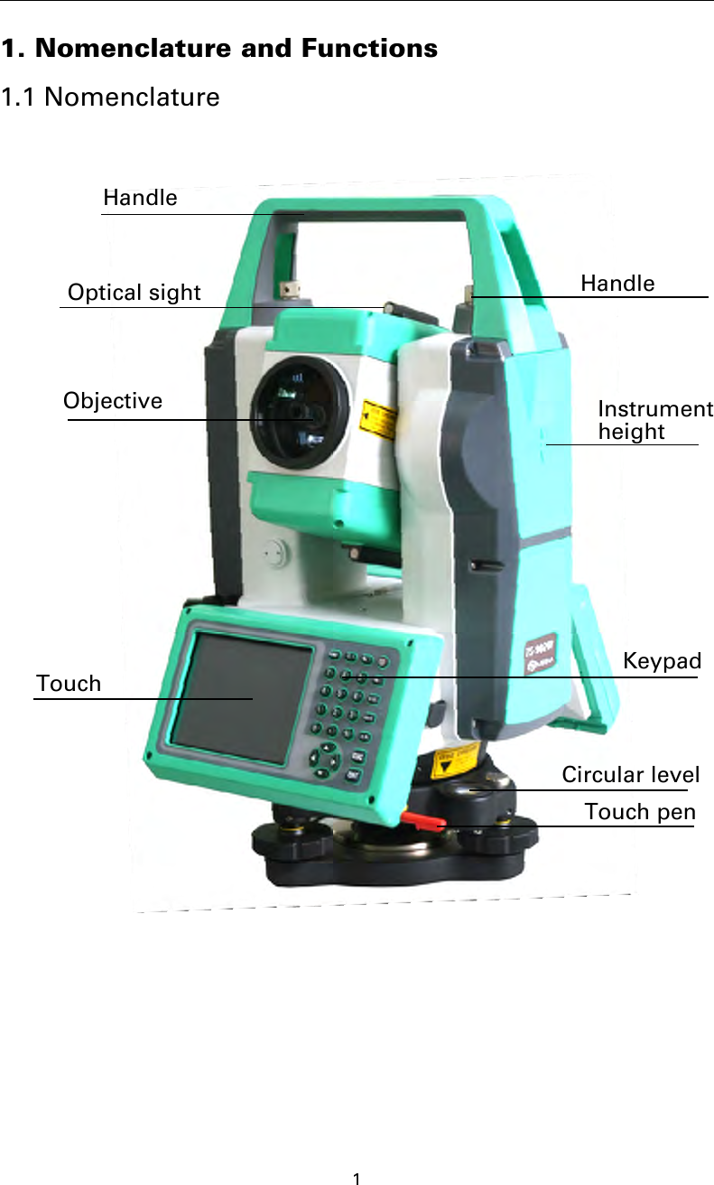 11. Nomenclature and Functions1.1 NomenclatureHandleOptical sightTouchKeypadHandleInstrumentheightObjectiveTouch penCircular level