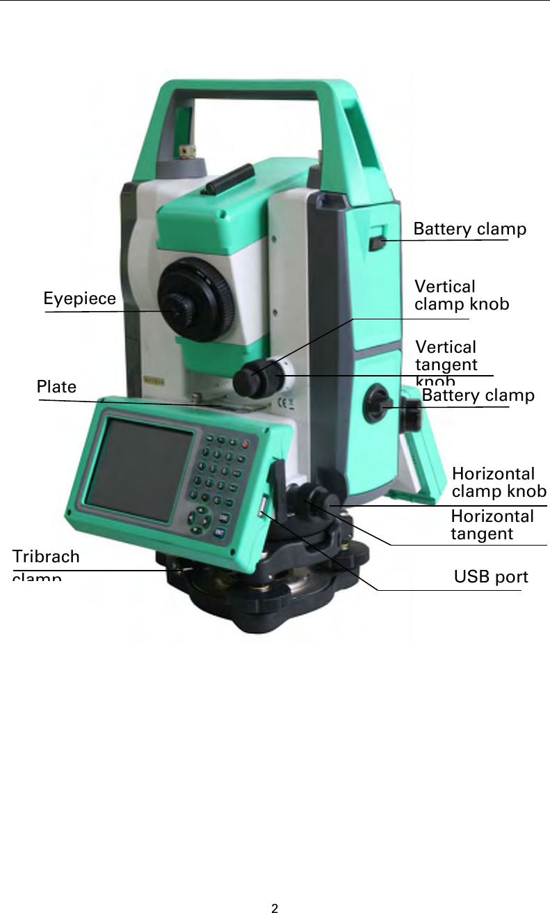 2Battery clampPlateHorizontalclamp knobUSB portTribrachclampEyepieceVerticaltangentknobVerticalclamp knobHorizontaltangentBattery clamp