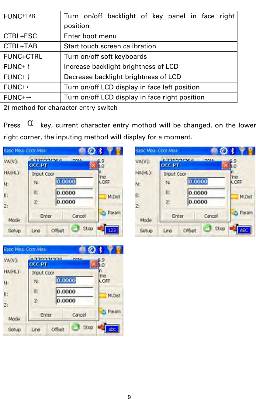 9FUNC+TAB Turn on/off backlight of key panel in face rightpositionCTRL+ESC Enter boot menuCTRL+TAB Start touch screen calibrationFUNC+CTRL Turn on/off soft keyboardsFUNC+↑ Increase backlight brightness of LCDFUNC+↓ Decrease backlight brightness of LCDFUNC+← Turn on/off LCD display in face left positionFUNC+→ Turn on/off LCD display in face right position2) method for character entry switchPress αkey, current character entry mothod will be changed, on the lowerright corner, the inputing method will display for a moment.