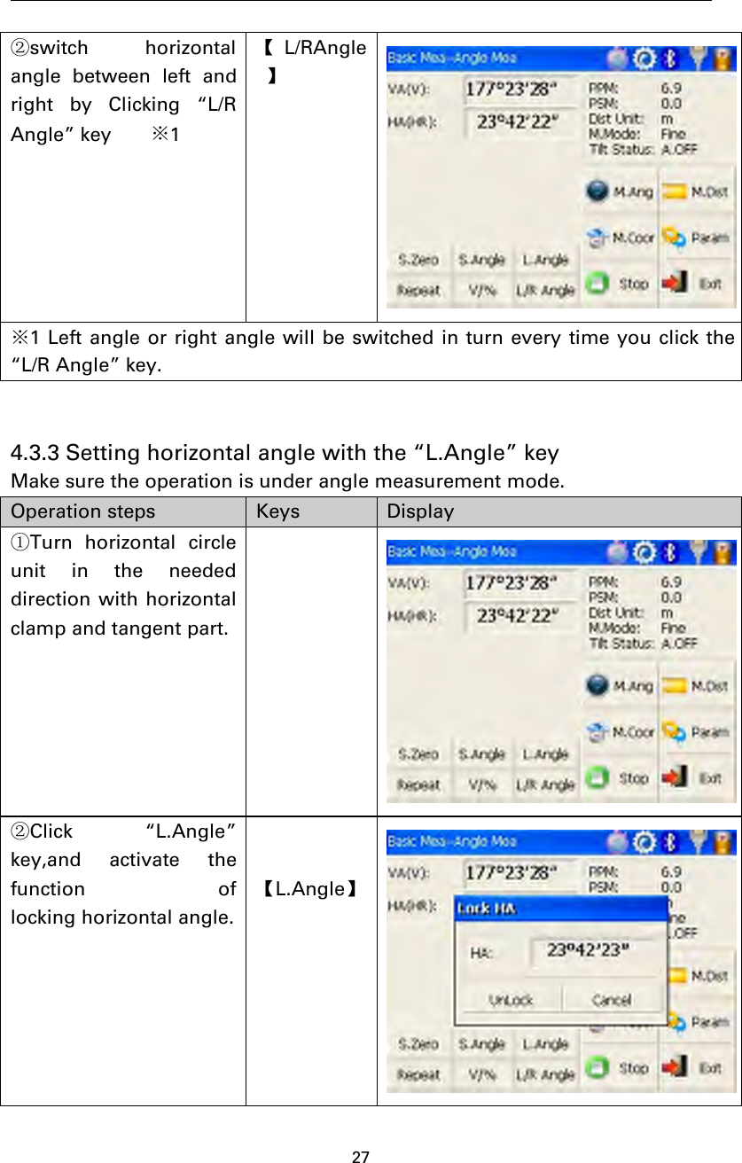 27②switch horizontalangle between left andright by Clicking “L/RAngle” key ※1【L/RAngle】※1 Left angle or right angle will be switched in turn every time you click the“L/R Angle” key.4.3.3 Setting horizontal angle with the “L.Angle” keyMake sure the operation is under angle measurement mode.Operation steps Keys Display①Turn horizontal circleunit in the neededdirection with horizontalclamp and tangent part.②Click “L.Angle”key,and activate thefunction oflocking horizontal angle.【L.Angle】