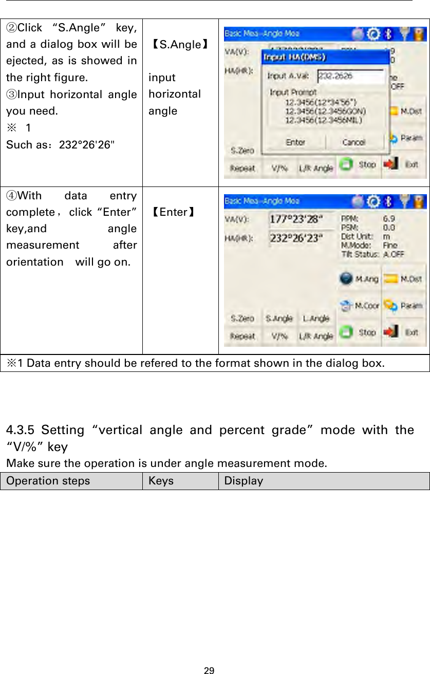 29②Click “S.Angle” key,and a dialog box will beejected, as is showed inthe right figure.③Input horizontal angleyou need.※1Such as：232°26&apos;26&quot;【S.Angle】inputhorizontalangle④With data entrycomplete ，click “Enter”key,and anglemeasurement afterorientation will go on.【Enter】※1 Data entry should be refered to the format shown in the dialog box.4.3.5 Setting “vertical angle and percent grade” mode with the“V/%” keyMake sure the operation is under angle measurement mode.Operation steps Keys Display