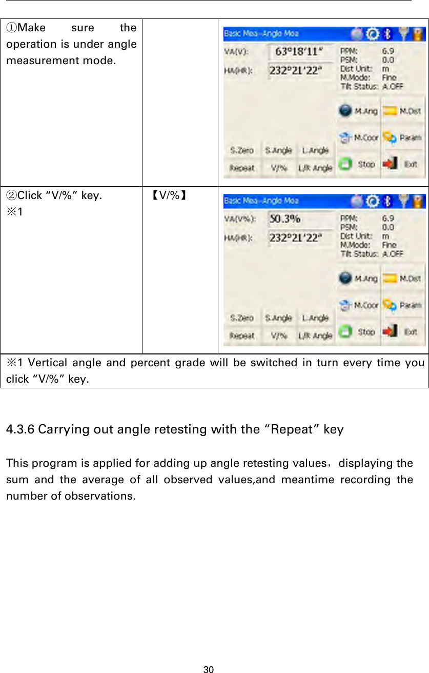 30①Make sure theoperation is under anglemeasurement mode.②Click “V/%” key.※1【V/%】※1 Vertical angle and percent grade will be switched in turn every time youclick “V/%” key.4.3.6 Carrying out angle retesting with the “Repeat” keyThis program is applied for adding up angle retesting values，displaying thesum and the average of all observed values,and meantime recording thenumber of observations.