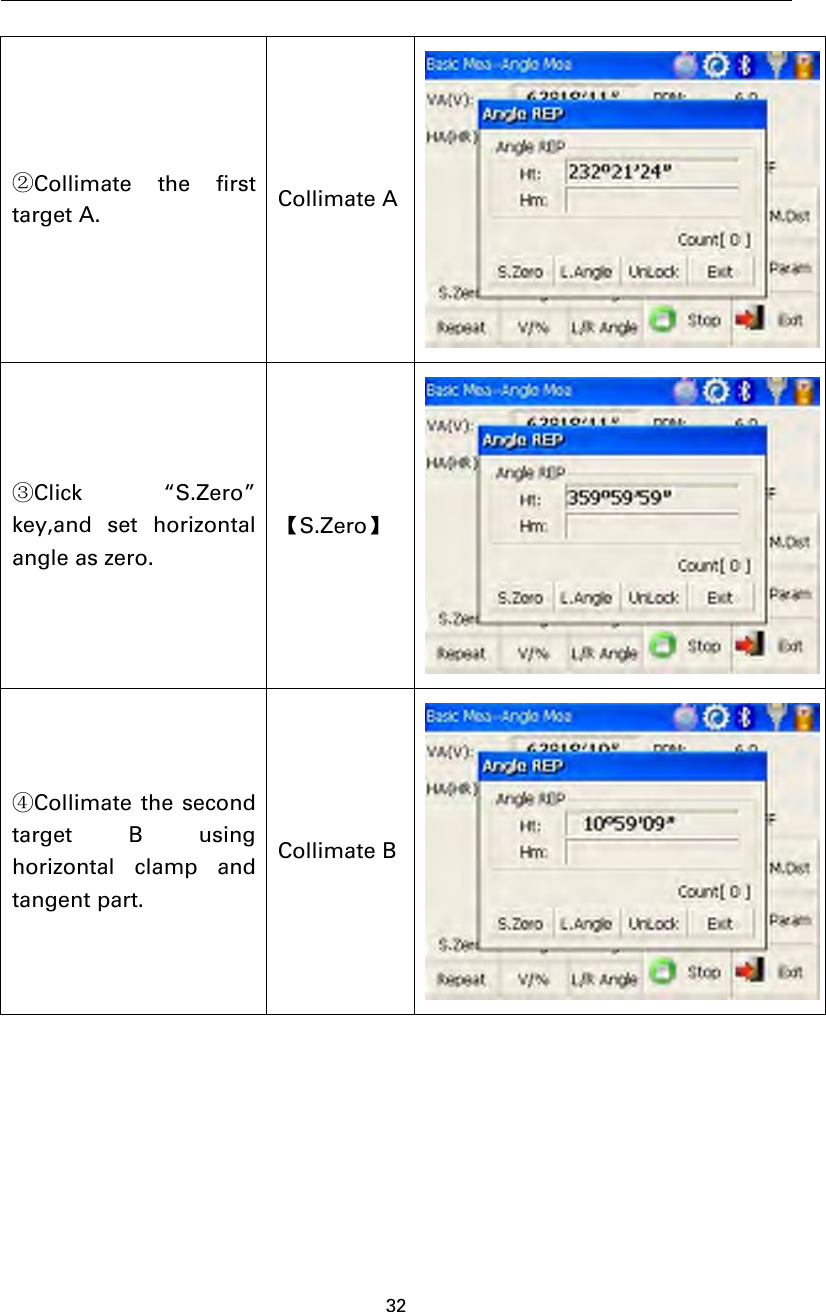 32②Collimate the firsttarget A. Collimate A③Click “S.Zero”key,and set horizontalangle as zero.【S.Zero】④Collimate the secondtarget B usinghorizontal clamp andtangent part.Collimate B