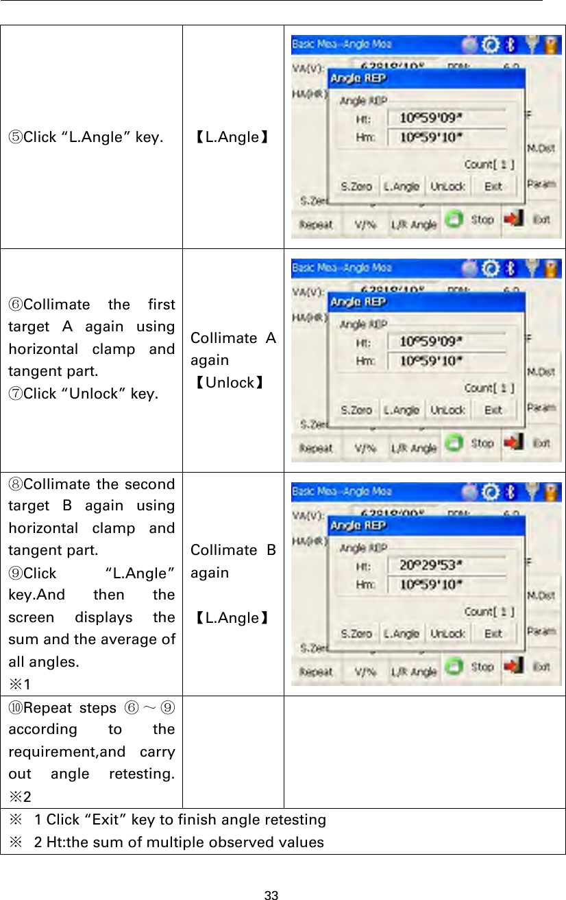 33⑤Click “L.Angle” key. 【L.Angle】⑥Collimate the firsttarget A again usinghorizontal clamp andtangent part.⑦Click “Unlock” key.Collimate Aagain【Unlock】⑧Collimate the secondtarget B again usinghorizontal clamp andtangent part.⑨Click “L.Angle”key.Andthenthescreen displays thesum and the average ofall angles.※1Collimate Bagain【L.Angle】⑩Repeat steps ⑥～⑨according to therequirement,and carryout angle retesting.※2※1 Click “Exit” key to finish angle retesting※2 Ht:the sum of multiple observed values