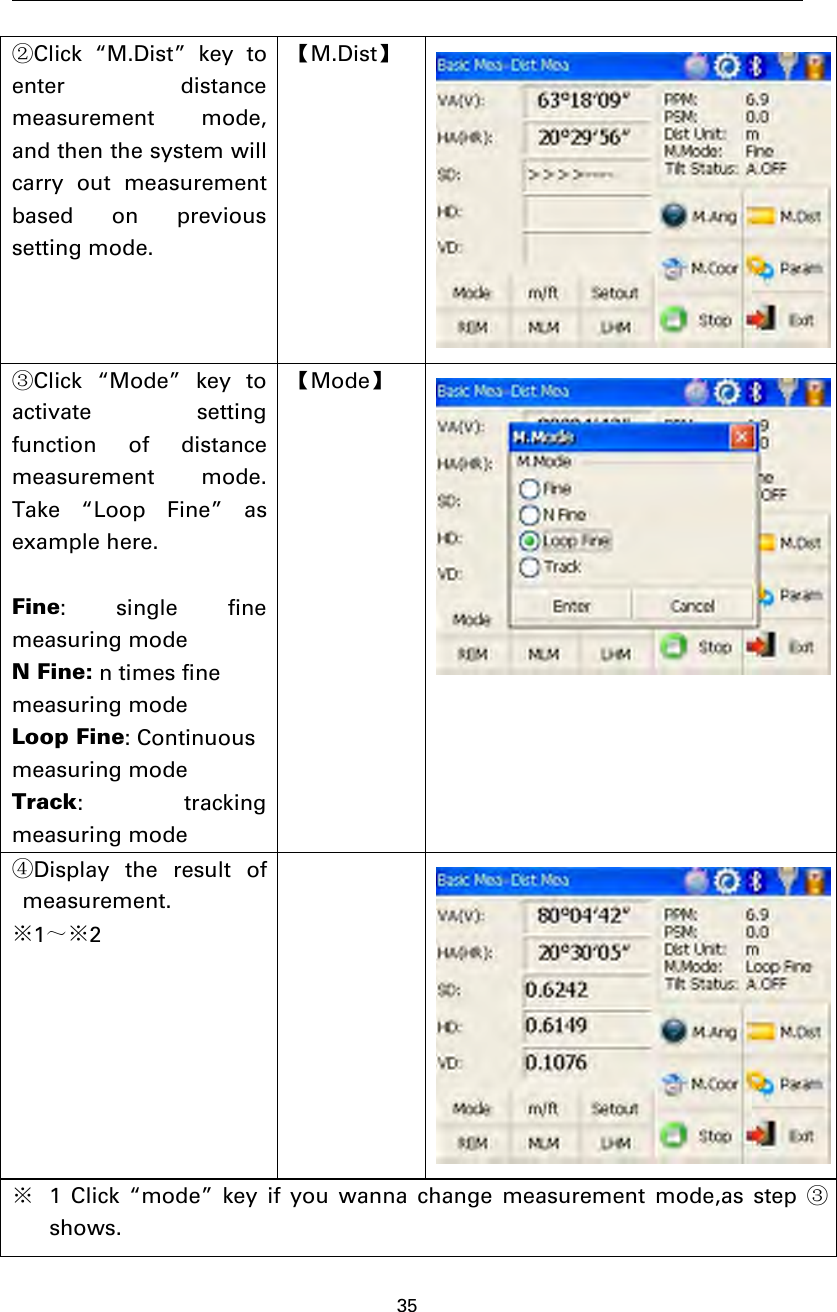 35②Click “M.Dist” key toenter distancemeasurement mode,and then the system willcarry out measurementbased on previoussetting mode.【M.Dist】③Click “Mode” key toactivate settingfunction of distancemeasurement mode.Take “Loop Fine” asexample here.Fine: single finemeasuring modeNFine:ntimesfinemeasuring modeLoop Fine: Continuousmeasuring modeTrack:trackingmeasuring mode【Mode】④Display the result ofmeasurement.※1～※2※1 Click “mode” key if you wanna change measurement mode,as step ③shows.