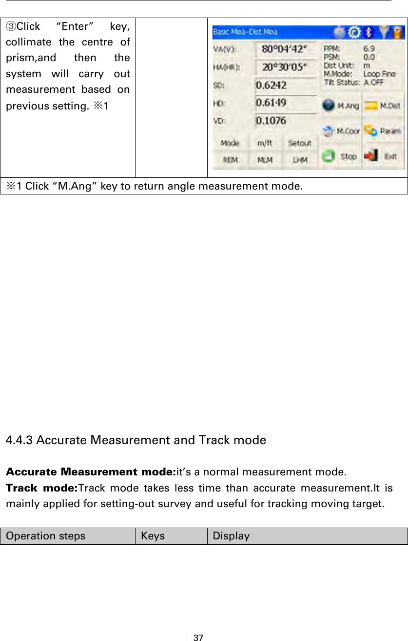 37③Click “Enter” key,collimate the centre ofprism,and then thesystem will carry outmeasurement based onprevious setting. ※1※1 Click “M.Ang” key to return angle measurement mode.4.4.3 Accurate Measurement and Track modeAccurate Measurement mode:it’s a normal measurement mode.Track mode:Track mode takes less time than accurate measurement.It ismainly applied for setting-out survey and useful for tracking moving target.Operation steps Keys Display