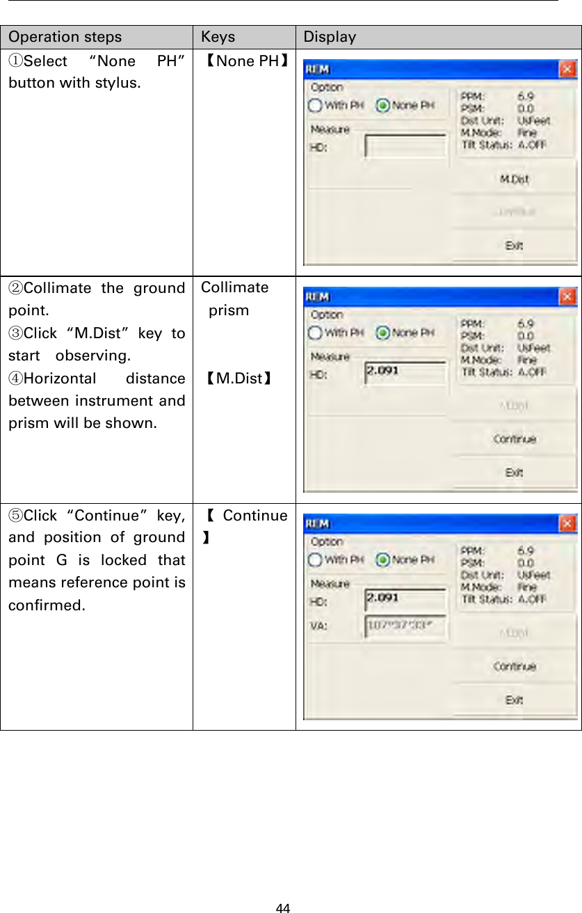 44Operation steps Keys Display①Select “None PH”button with stylus.【None PH】②Collimate the groundpoint.③Click “M.Dist” key tostart observing.④Horizontal distancebetween instrument andprism will be shown.Collimateprism【M.Dist】⑤Click “Continue” key,andpositionofgroundpoint G is locked thatmeans reference point isconfirmed.【Continue】