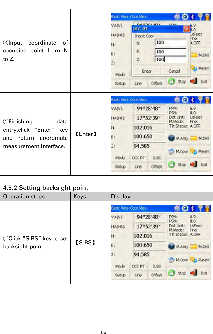 55③Input coordinate ofoccupied point from Nto Z.④Finishing dataentry,click “Enter” keyand return coordinatemeasurement interface.【Enter】4.5.2 Setting backsight pointOperation steps Keys Display①Click “S.BS” key to setbacksight point. 【S.BS】