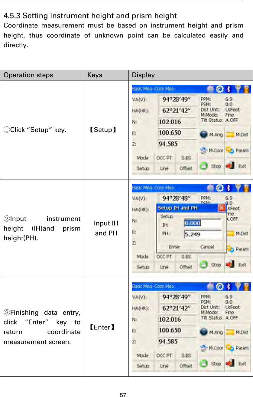 574.5.3 Setting instrument height and prism heightCoordinate measurement must be based on instrument height and prismheight, thus coordinate of unknown point can be calculated easily anddirectly.Operation steps Keys Display①Click “Setup” key. 【Setup】②Input instrumentheight (IH)and prismheight(PH).Input IHand PH③Finishing data entry,click “Enter” key toreturn coordinatemeasurement screen.【Enter】