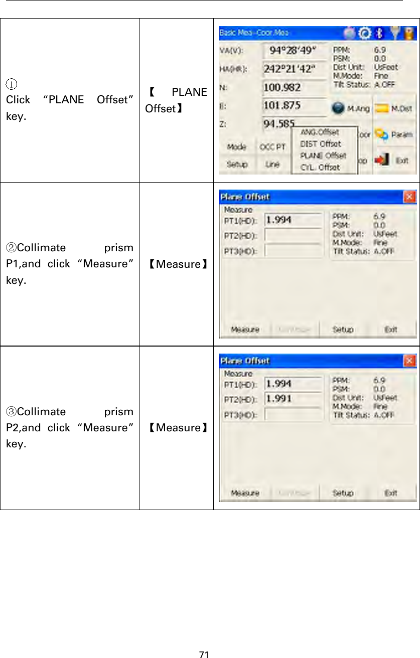 711Click “PLANE Offset”key.【PLANEOffset】②Collimate prismP1,and click “Measure”key.【Measure】③Collimate prismP2,and click “Measure”key.【Measure】