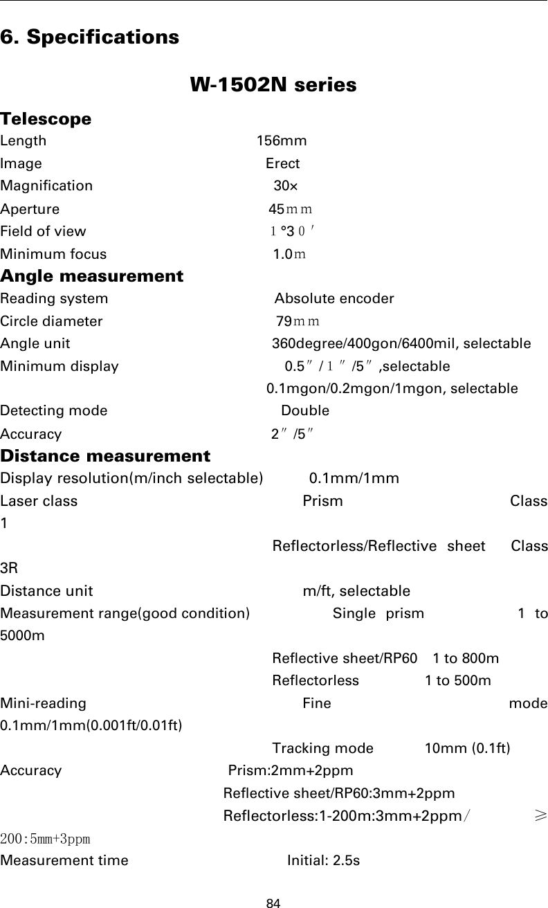 846. SpecificationsW-1502N seriesTelescopeLength 156mmImage ErectMagnification 30×Aperture 45ｍｍField of view １°3０′Minimum focus 1.0ｍAngle measurementReading system Absolute encoderCircle diameter 79ｍｍAngle unit 360degree/400gon/6400mil, selectableMinimum display 0.5″/１″/5″,selectable0.1mgon/0.2mgon/1mgon, selectableDetecting mode DoubleAccuracy 2″/5″Distance measurementDisplay resolution(m/inch selectable) 0.1mm/1mmLaser class Prism Class1Reflectorless/Reflective sheet Class3RDistance unit m/ft, selectableMeasurement range(good condition) Single prism 1 to5000mReflective sheet/RP60 1 to 800mReflectorless 1 to 500mMini-reading Fine mode0.1mm/1mm(0.001ft/0.01ft)Tracking mode 10mm (0.1ft)Accuracy Prism:2mm+2ppmReflective sheet/RP60:3mm+2ppmReflectorless:1-200m:3mm+2ppm/≥200:5mm+3ppmMeasurement time Initial: 2.5s