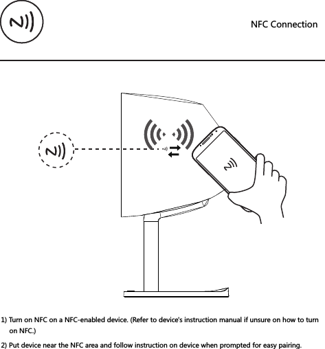 NFC Connection1) Turn on NFC on a NFC-enabled device. (Refer to device's instruction manual if unsure on how to turn on NFC.)2) Put device near the NFC area and follow instruction on device when prompted for easy pairing.