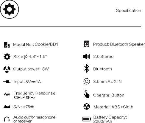 Cookie/BD18W4.8"   1.6" 2.0 StereoAudio out for headphone or receiver3.5mm AUX INBattery Capacity:2200mAhProduct: Bluetooth Speaker1A