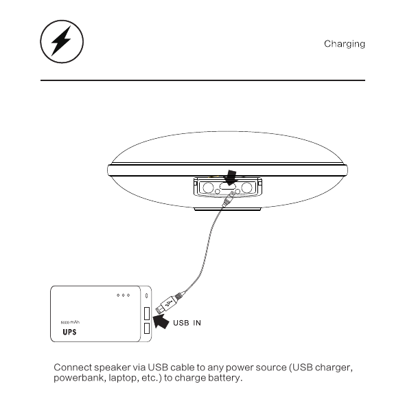 Connect speaker via USB cable to any power source (USB charger, powerbank, laptop, etc.) to charge battery.