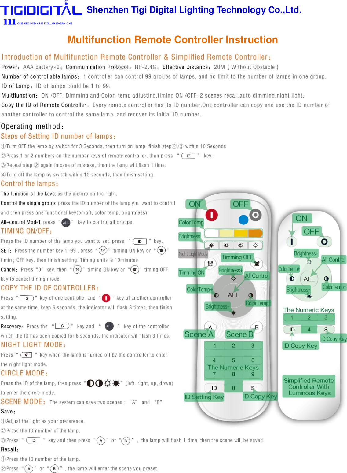 Shenzhen Tigi Digital Lighting Technology Co.,Ltd.  Multifunction Remote Controller Instruction   