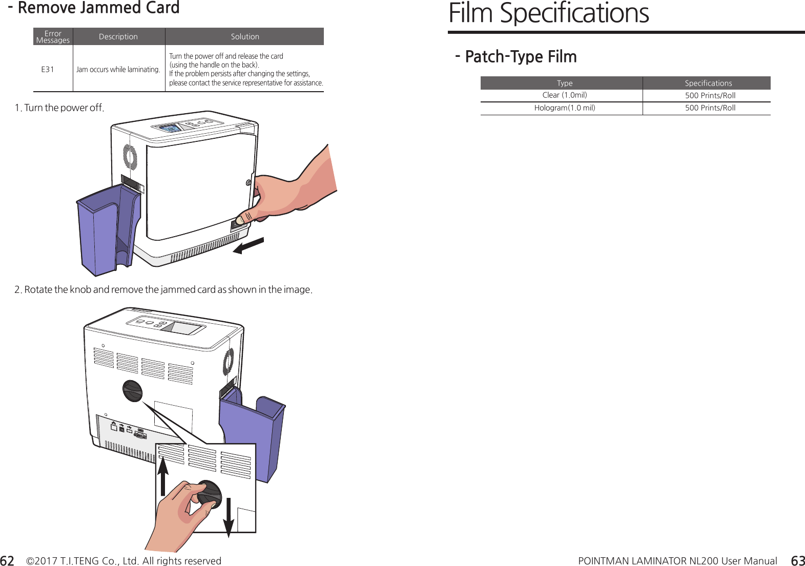 ©2017 T.I.TENG Co., Ltd. All rights reserved POINTMAN LAMINATOR NL200 User Manual62 63- Remove Jammed Card2. Rotate the knob and remove the jammed card as shown in the image.1. Turn the power off.MENUOKFilm Specifications- Patch-Type FilmSpecificationsTypeClear (1.0mil) 500 Prints/Roll Hologram(1.0 mil) 500 Prints/Roll E31Jam occurs while laminating.DescriptionError MessagesTurn the power off and release the card (using the handle on the back).If the problem persists after changing the settings, please contact the service representative for assistance.Solution