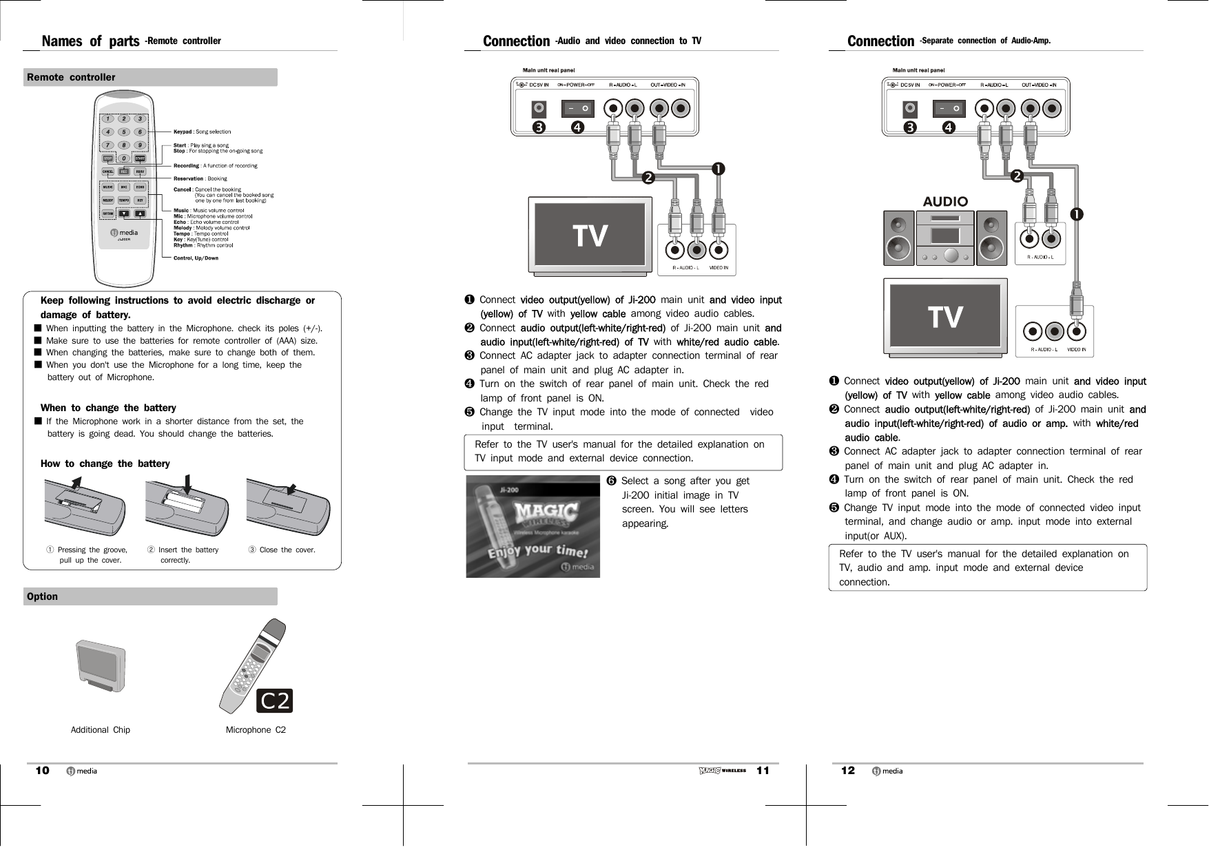 10Names of parts -Remote controllerRemote controllerKeep following instructions to avoid electric discharge or damage of battery.■  When inputting the battery in the Microphone. check its poles (+/-).■  Make sure to use the batteries for remote controller of (AAA) size.■  When changing the batteries, make sure to change both of them.■  When you don&apos;t use the Microphone for a long time, keep the battery out of Microphone.When to change the battery■  If the Microphone work in a shorter distance from the set, the battery is going dead. You should change the batteries.How to change the battery①  Pressing the groove,  pull up the cover.②  Insert the battery correctly.③  Close the cover.OptionAdditional Chip Microphone C211Connection -Audio and video connection to TV❶  Connect  video output(yellow) of Ji-200 main unit and video input (yellow) of TV with  yellow cable among video audio cables.❷  Connect  audio output(left-white/right-red) of Ji-200 main unit and audio input(left-white/right-red) of TV with white/red audio cable.❸  Connect AC adapter jack to adapter connection terminal of rear panel of main unit and plug AC adapter in.❹  Turn on the switch of rear panel of main unit. Check the red lamp of front panel is ON.❺  Change the TV input mode into the mode of connected  video input  terminal.Refer to the TV user&apos;s manual for the detailed explanation on TV input mode and external device connection.❻  Select a song after you get Ji-200 initial image in TV screen. You will see letters appearing.12Connection -Separate connection of Audio·Amp.❶  Connect  video output(yellow) of Ji-200 main unit and video input (yellow) of TV with  yellow cable among video audio cables.❷  Connect  audio output(left-white/right-red) of Ji-200 main unit and audio input(left-white/right-red) of audio or amp. with white/red audio cable.❸  Connect AC adapter jack to adapter connection terminal of rear panel of main unit and plug AC adapter in.❹  Turn on the switch of rear panel of main unit. Check the red lamp of front panel is ON.❺  Change TV input mode into the mode of connected video input terminal, and change audio or amp. input mode into external input(or AUX).Refer to the TV user&apos;s manual for the detailed explanation on TV, audio and amp. input mode and external device connection. 