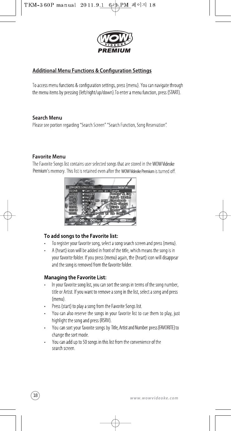 www.wowvideoke.comWOW VideokePremiumWOW Videoke Premium{RSRV}.Title, Artist and Number {FAVORITE}{START}.18