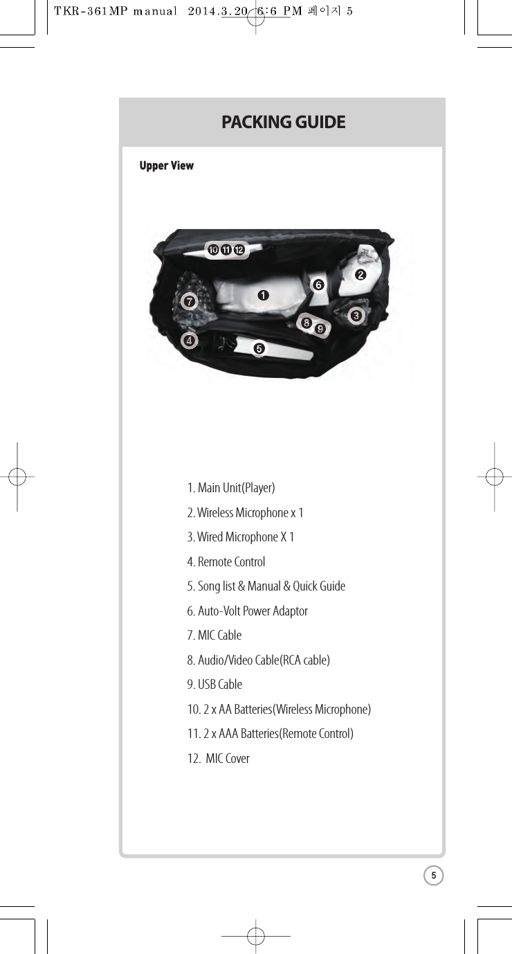 PACKING GUIDE 1. Main Unit(Player)2.Wireless Microphone x 13.Wired Microphone X 14. Remote Control5. Song list &amp; Manual &amp; Quick Guide6. Auto-Volt Power Adaptor7. MIC Cable8. Audio/Video Cable(RCA cable)9. USB Cable10. 2 x AA Batteries(Wireless Microphone)11. 2 x AAA Batteries(Remote Control)12.  MIC CoverUpper View5