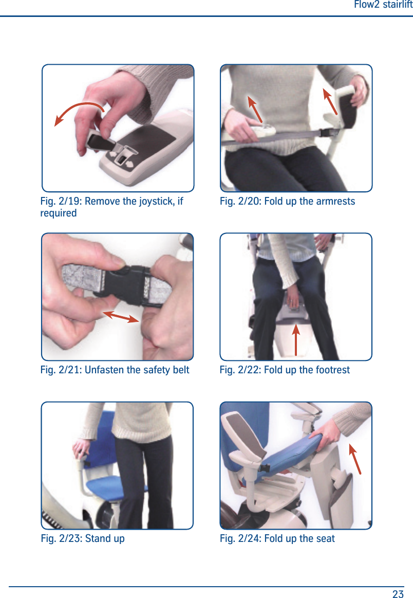 Flow2 stairlift23Fig. 2/21: Unfasten the safety beltFig. 2/19: Remove the joystick, if requiredFig. 2/20: Fold up the armrestsFig. 2/22: Fold up the footrestFig. 2/23: Stand up Fig. 2/24: Fold up the seat