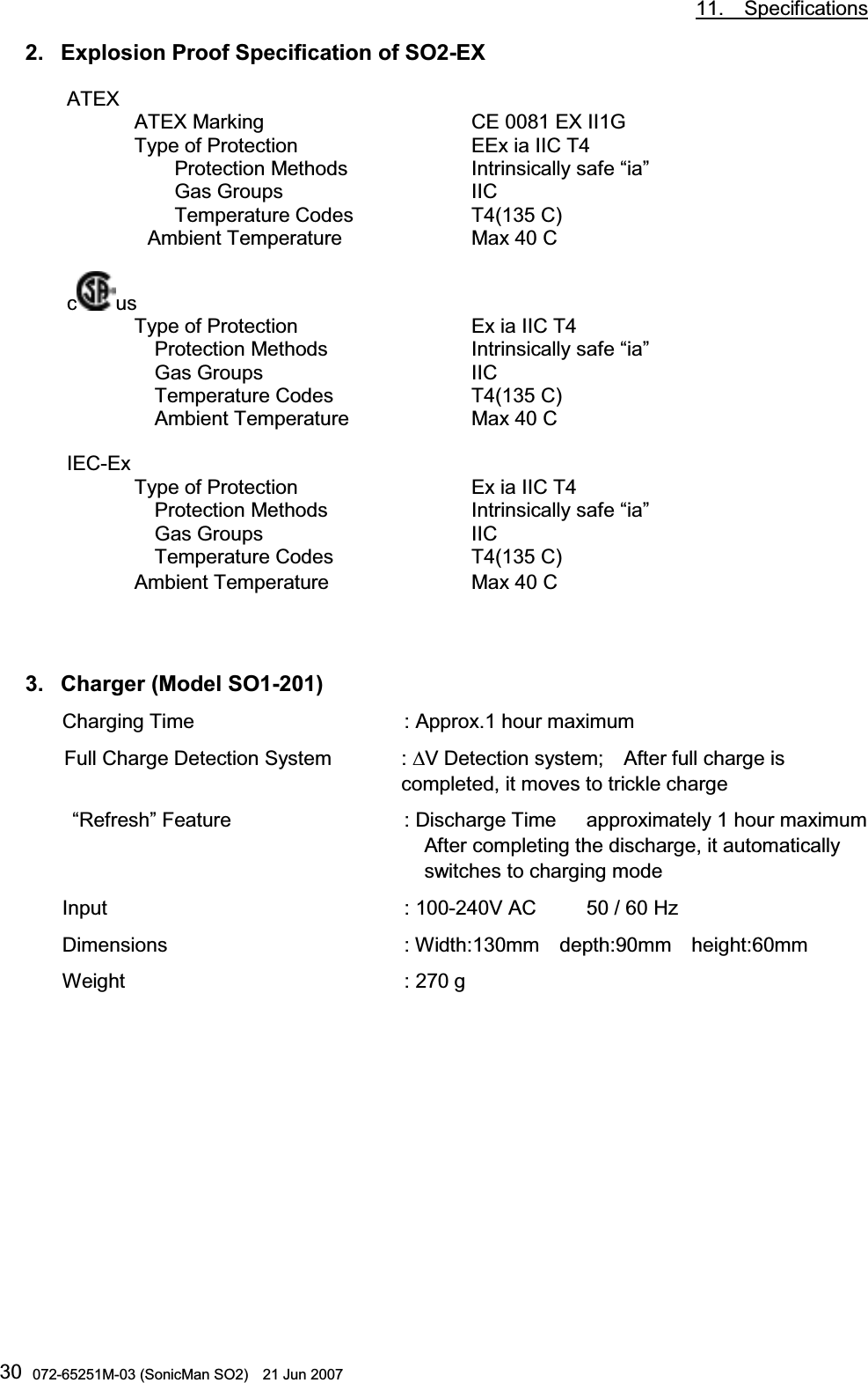           11.  Specifications 072-65251M-03 (SonicMan SO2)    21 Jun 2007 302. Explosion Proof Specification of SO2-EX ATEX ATEX Marking        CE 0081 EX II1G Type of Protection        EEx ia IIC T4 Protection Methods     Intrinsically safe “ia” Gas Groups     IIC Temperature Codes     T4(135 C) Ambient Temperature      Max 40 C cus Type of Protection      Ex ia IIC T4 Protection Methods     Intrinsically safe “ia” Gas Groups       IIC Temperature Codes     T4(135 C) Ambient Temperature      Max 40 C IEC-Ex Type of Protection      Ex ia IIC T4 Protection Methods     Intrinsically safe “ia” Gas Groups       IIC Temperature Codes     T4(135 C)    A mbient Temperature      Max 40 C    3. Charger (Model SO1-201) Charging Time    : Approx.1 hour maximum Full Charge Detection System : ΔV Detection system;  After full charge is completed, it moves to trickle charge  “Refresh” Feature     : Discharge Time   approximately 1 hour maximum        After completing the discharge, it automatically         switches to charging mode Input          : 100-240V AC     50 / 60 Hz Dimensions    : Width:130mm  depth:90mm  height:60mm Weight     : 270 g