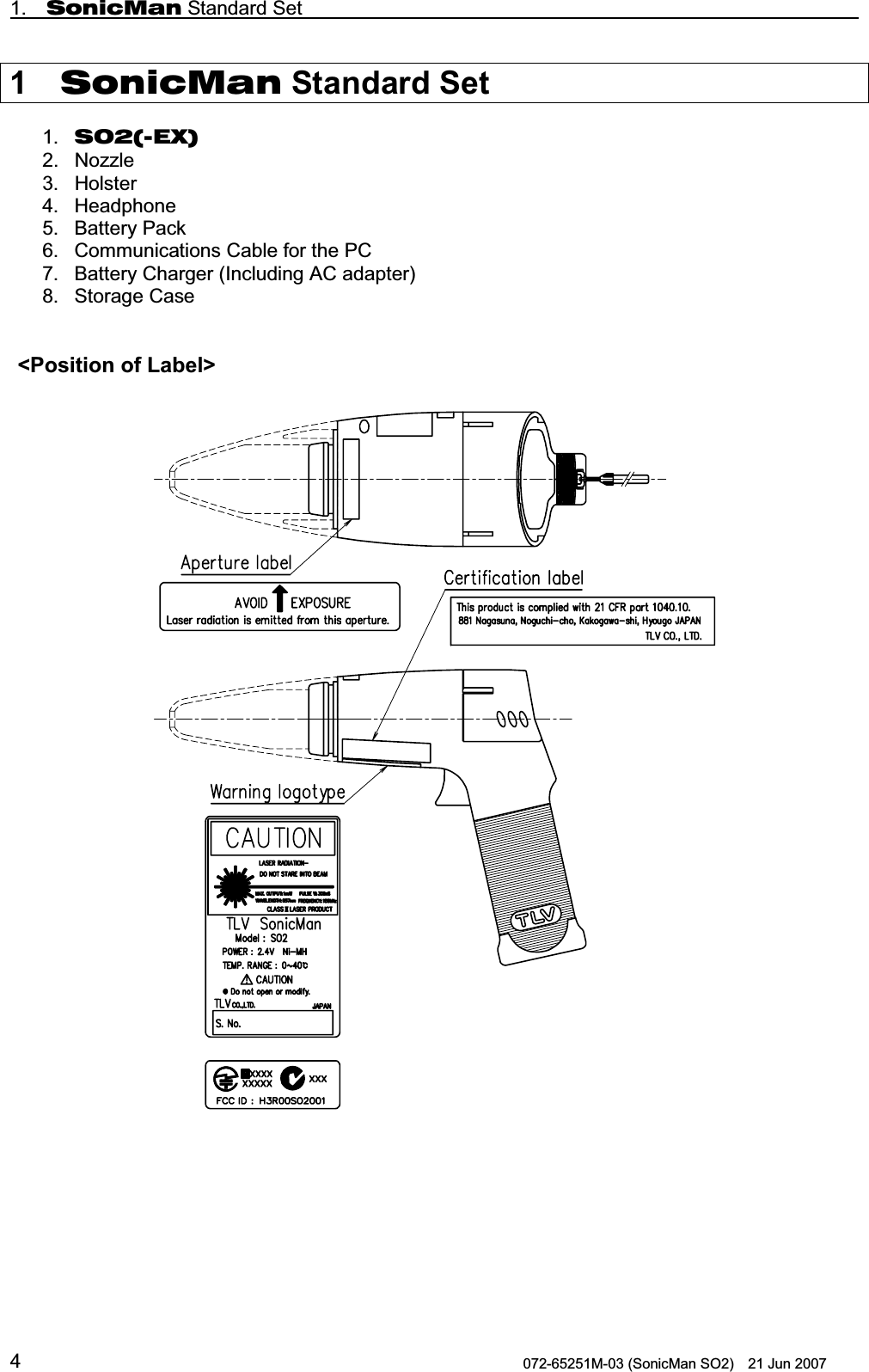 1.  SonicMan Standard Set                                                                   072-65251M-03 (SonicMan SO2)    21 Jun 2007 4 1  SonicMan Standard Set  1.  SO2(-EX) 2. Nozzle 3. Holster 4. Headphone 5. Battery Pack 6. Communications Cable for the PC 7. Battery Charger (Including AC adapter) 8. Storage Case     &lt;Position of Label&gt;
