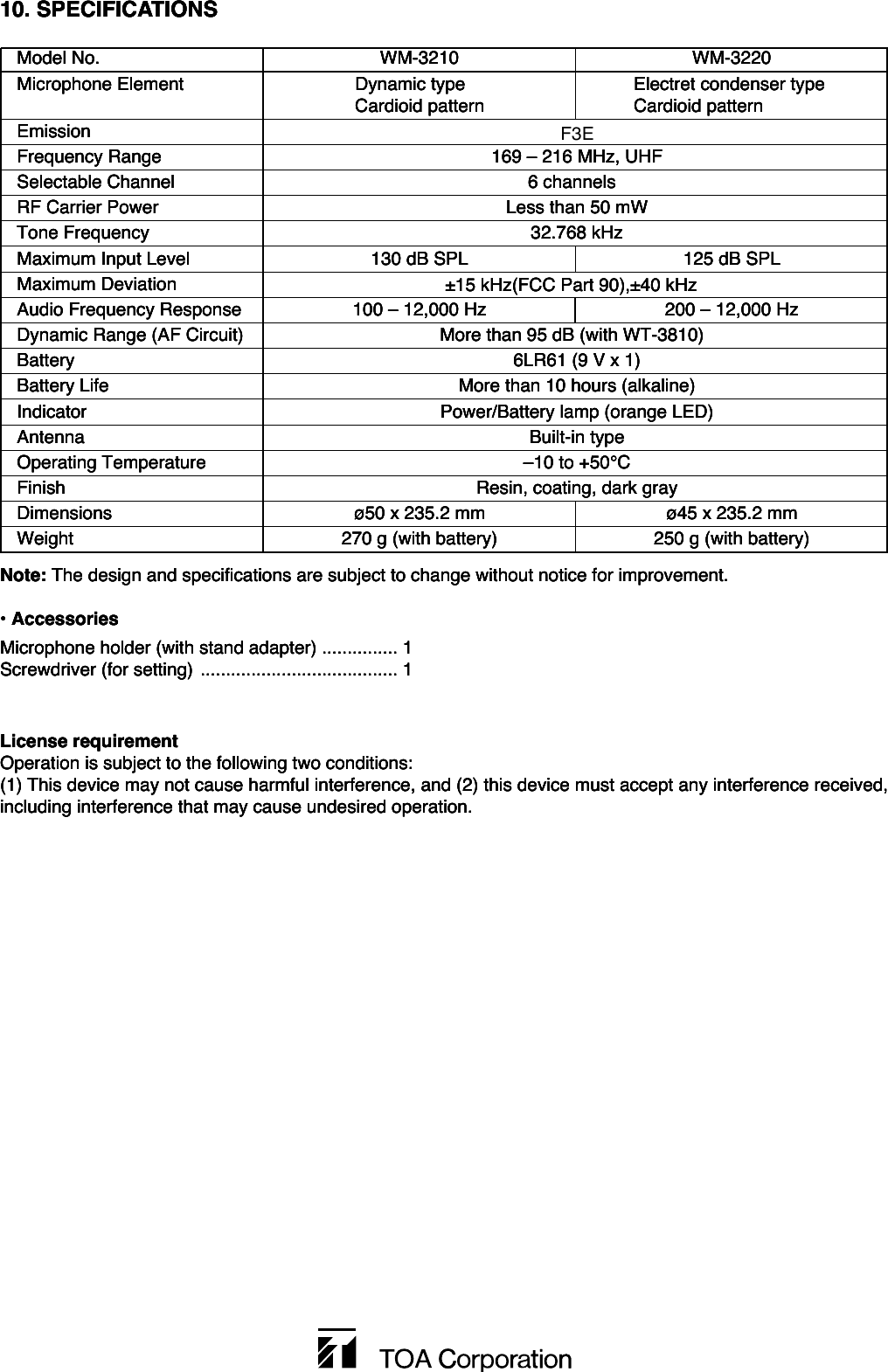 Model No. WM-3210 WM-3220Microphone Element  Dynamic type  Electret condenser typeCardioid pattern Cardioid patternEmissionFrequency Range  169 – 216 MHz, UHF Selectable Channel  6 channelsRF Carrier Power Less than 50 mWTone Frequency 32.768 kHzMaximum Input Level 130 dB SPL 125 dB SPLMaximum Deviation ±15 kHz(FCC Part 90),±40 kHzAudio Frequency Response 100 – 12,000 Hz 200 – 12,000 HzDynamic Range (AF Circuit) More than 95 dB (with WT-3810)Battery  6LR61 (9 V x 1)Battery Life  More than 10 hours (alkaline)Indicator Power/Battery lamp (orange LED)Antenna Built-in typeOperating Temperature  –10 to +50°CFinish  Resin, coating, dark grayDimensions  ø50 x 235.2 mm ø45 x 235.2 mmWeight  270 g (with battery) 250 g (with battery)Model No. WM-3210 WM-3220Microphone Element  Dynamic type  Electret condenser typeCardioid pattern Cardioid patternEmissionFrequency Range  169 – 216 MHz, UHF Selectable Channel  6 channelsRF Carrier Power Less than 50 mWTone Frequency 32.768 kHzMaximum Input Level 130 dB SPL 125 dB SPLMaximum Deviation ±15 kHz(FCC Part 90),±40 kHzAudio Frequency Response 100 – 12,000 Hz 200 – 12,000 HzDynamic Range (AF Circuit) More than 95 dB (with WT-3810)Battery  6LR61 (9 V x 1)Battery Life  More than 10 hours (alkaline)Indicator Power/Battery lamp (orange LED)Antenna Built-in typeOperating Temperature  –10 to +50°CFinish  Resin, coating, dark grayDimensions  ø50 x 235.2 mm ø45 x 235.2 mmWeight  270 g (with battery) 250 g (with battery)Model No. WM-3210 WM-3220Microphone Element  Dynamic type  Electret condenser typeCardioid pattern Cardioid patternEmissionFrequency Range  169 – 216 MHz, UHF Selectable Channel  6 channelsRF Carrier Power Less than 50 mWTone Frequency 32.768 kHzMaximum Input Level 130 dB SPL 125 dB SPLMaximum Deviation ±15 kHz(FCC Part 90),±40 kHzAudio Frequency Response 100 – 12,000 Hz 200 – 12,000 HzDynamic Range (AF Circuit) More than 95 dB (with WT-3810)Battery  6LR61 (9 V x 1)Battery Life  More than 10 hours (alkaline)Indicator Power/Battery lamp (orange LED)Antenna Built-in typeOperating Temperature  –10 to +50°CFinish  Resin, coating, dark grayDimensions  ø50 x 235.2 mm ø45 x 235.2 mmWeight  270 g (with battery) 250 g (with battery)Model No. WM-3210 WM-3220Microphone Element  Dynamic type  Electret condenser typeCardioid pattern Cardioid patternEmissionFrequency Range  169 – 216 MHz, UHF Selectable Channel  6 channelsRF Carrier Power Less than 50 mWTone Frequency 32.768 kHzMaximum Input Level 130 dB SPL 125 dB SPLMaximum Deviation ±15 kHz(FCC Part 90),±40 kHzAudio Frequency Response 100 – 12,000 Hz 200 – 12,000 HzDynamic Range (AF Circuit) More than 95 dB (with WT-3810)Battery  6LR61 (9 V x 1)Battery Life  More than 10 hours (alkaline)Indicator Power/Battery lamp (orange LED)Antenna Built-in typeOperating Temperature  –10 to +50°CFinish  Resin, coating, dark grayDimensions  ø50 x 235.2 mm ø45 x 235.2 mmWeight  270 g (with battery) 250 g (with battery)10. SPECIFICATIONSNote: The design and specifications are subject to change without notice for improvement. • AccessoriesMicrophone holder (with stand adapter) ............... 1Screwdriver (for setting) ....................................... 1License requirementOperation is subject to the following two conditions:(1) This device may not cause harmful interference, and (2) this device must accept any interference received,including interference that may cause undesired operation.10. SPECIFICATIONSNote: The design and specifications are subject to change without notice for improvement. • AccessoriesMicrophone holder (with stand adapter) ............... 1Screwdriver (for setting) ....................................... 1License requirementOperation is subject to the following two conditions:(1) This device may not cause harmful interference, and (2) this device must accept any interference received,including interference that may cause undesired operation.10. SPECIFICATIONSNote: The design and specifications are subject to change without notice for improvement. • AccessoriesMicrophone holder (with stand adapter) ............... 1Screwdriver (for setting) ....................................... 1License requirementOperation is subject to the following two conditions:(1) This device may not cause harmful interference, and (2) this device must accept any interference received,including interference that may cause undesired operation.10. SPECIFICATIONSNote: The design and specifications are subject to change without notice for improvement. • AccessoriesMicrophone holder (with stand adapter) ............... 1Screwdriver (for setting) ....................................... 1License requirementOperation is subject to the following two conditions:(1) This device may not cause harmful interference, and (2) this device must accept any interference received,including interference that may cause undesired operation.F3E