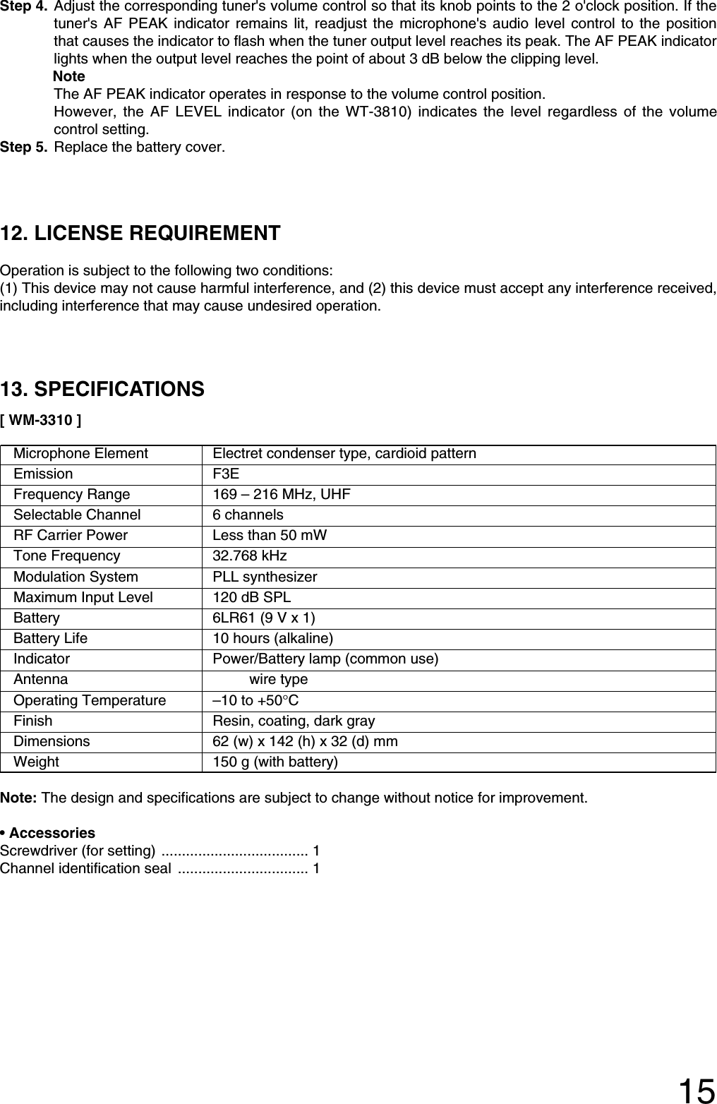 TOA WM-3310 VHF-FM Wireless Microphone User Manual WM 3310