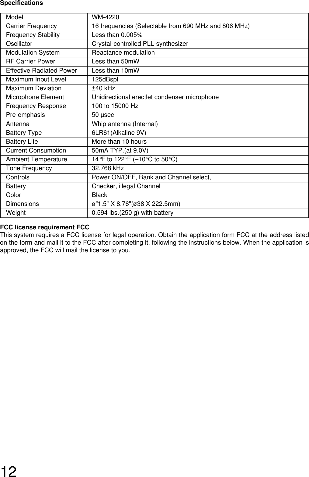 12Model WM-4220Carrier Frequency  16 frequencies (Selectable from 690 MHz and 806 MHz)Frequency Stability Less than 0.005%Oscillator Crystal-controlled PLL-synthesizer Modulation System  Reactance modulationRF Carrier Power  Less than 50mWEffective Radiated Power  Less than 10mWMaximum Input Level 125dBsplMaximum Deviation ±40 kHz Microphone Element Unidirectional erectlet condenser microphoneFrequency Response 100 to 15000 HzPre-emphasis 50 µsecAntenna  Whip antenna (Internal)Battery Type  6LR61(Alkaline 9V)Battery Life  More than 10 hoursCurrent Consumption  50mA TYP.(at 9.0V)Ambient Temperature 14°F to 122°F (–10°C to 50°C)Tone Frequency  32.768 kHzControls  Power ON/OFF, Bank and Channel select, Battery Checker, illegal ChannelColor BlackDimensions ø”1.5&quot; X 8.76&quot;(ø38 X 222.5mm)Weight  0.594 lbs.(250 g) with batterySpecificationsFCC license requirement FCCThis system requires a FCC license for legal operation. Obtain the application form FCC at the address listedon the form and mail it to the FCC after completing it, following the instructions below. When the application isapproved, the FCC will mail the license to you.