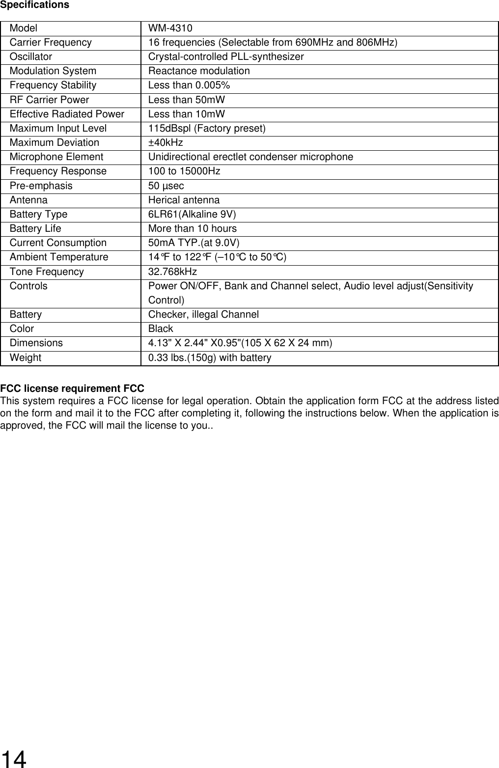 14Model WM-4310Carrier Frequency  16 frequencies (Selectable from 690MHz and 806MHz)Oscillator Crystal-controlled PLL-synthesizer Modulation System  Reactance modulationFrequency Stability Less than 0.005%RF Carrier Power  Less than 50mWEffective Radiated Power  Less than 10mWMaximum Input Level 115dBspl (Factory preset)Maximum Deviation ±40kHz Microphone Element Unidirectional erectlet condenser microphoneFrequency Response 100 to 15000HzPre-emphasis 50 µsecAntenna Herical antennaBattery Type  6LR61(Alkaline 9V)Battery Life  More than 10 hoursCurrent Consumption  50mA TYP.(at 9.0V)Ambient Temperature 14°F to 122°F (–10°C to 50°C)Tone Frequency  32.768kHzControls  Power ON/OFF, Bank and Channel select, Audio level adjust(Sensitivity Control)Battery Checker, illegal ChannelColor BlackDimensions 4.13&quot; X 2.44&quot; X0.95&quot;(105 X 62 X 24 mm)Weight  0.33 lbs.(150g) with batterySpecificationsFCC license requirement FCCThis system requires a FCC license for legal operation. Obtain the application form FCC at the address listedon the form and mail it to the FCC after completing it, following the instructions below. When the application isapproved, the FCC will mail the license to you..