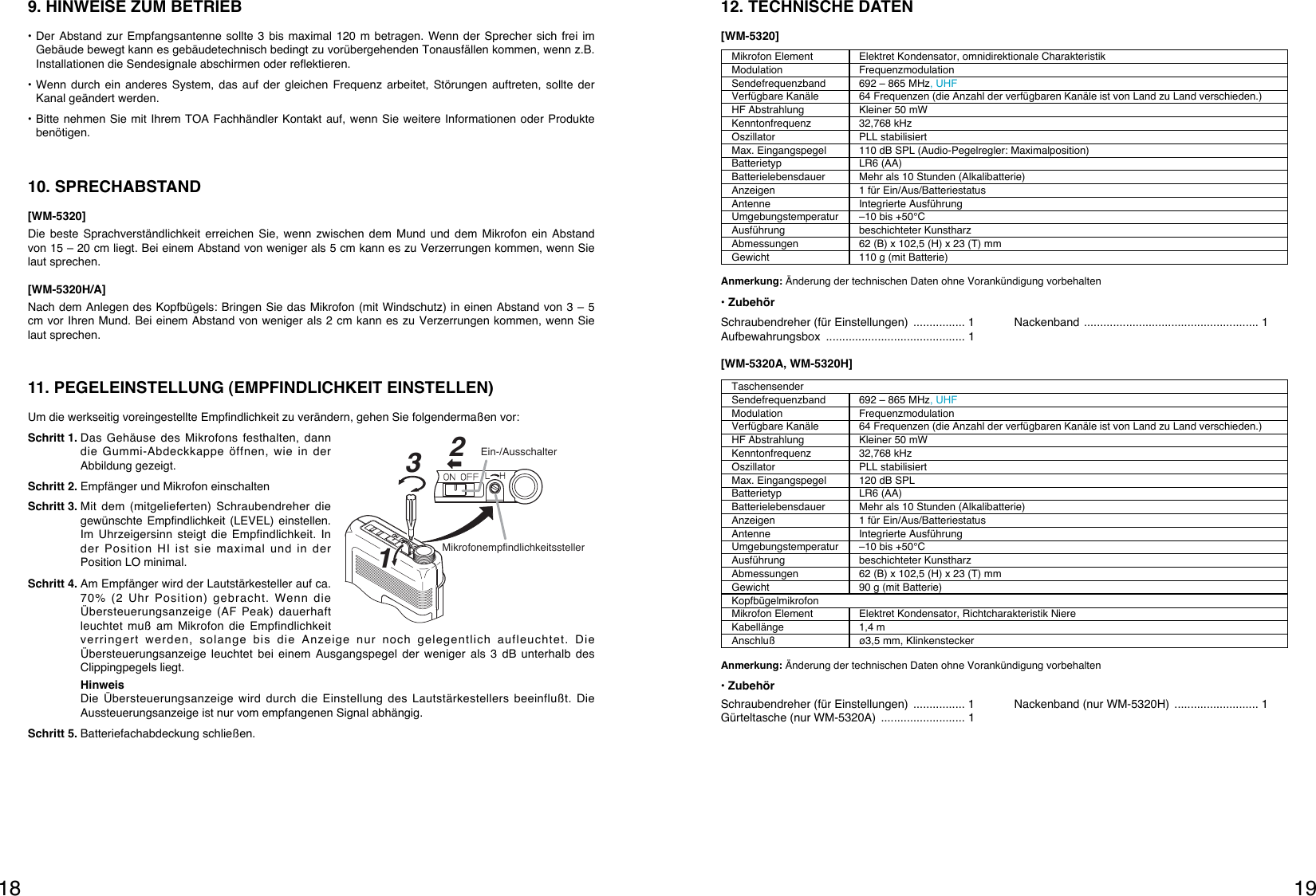 1918[WM-5320A, WM-5320H]Anmerkung: Änderung der technischen Daten ohne Vorankündigung vorbehalten• ZubehörAnmerkung: Änderung der technischen Daten ohne Vorankündigung vorbehalten• Zubehör12. TECHNISCHE DATEN[WM-5320]Schraubendreher (für Einstellungen)  ................ 1Aufbewahrungsbox ........................................... 1Nackenband ...................................................... 1Schraubendreher (für Einstellungen)  ................ 1Gürteltasche (nur WM-5320A)  .......................... 1Nackenband (nur WM-5320H)  .......................... 1Mikrofon Element Elektret Kondensator, omnidirektionale CharakteristikModulation FrequenzmodulationSendefrequenzband 692 – 865 MHz, UHFVerfügbare Kanäle 64 Frequenzen (die Anzahl der verfügbaren Kanäle ist von Land zu Land verschieden.)HF Abstrahlung Kleiner 50 mWKenntonfrequenz 32,768 kHzOszillator PLL stabilisiertMax. Eingangspegel 110 dB SPL (Audio-Pegelregler: Maximalposition)Batterietyp LR6 (AA)Batterielebensdauer Mehr als 10 Stunden (Alkalibatterie)Anzeigen  1 für Ein/Aus/BatteriestatusAntenne Integrierte AusführungUmgebungstemperatur –10 bis +50°CAusführung beschichteter KunstharzAbmessungen  62 (B) x 102,5 (H) x 23 (T) mmGewicht  110 g (mit Batterie)TaschensenderSendefrequenzband 692 – 865 MHz, UHFModulation FrequenzmodulationVerfügbare Kanäle 64 Frequenzen (die Anzahl der verfügbaren Kanäle ist von Land zu Land verschieden.)HF Abstrahlung Kleiner 50 mWKenntonfrequenz 32,768 kHzOszillator PLL stabilisiertMax. Eingangspegel 120 dB SPLBatterietyp LR6 (AA)Batterielebensdauer Mehr als 10 Stunden (Alkalibatterie)Anzeigen  1 für Ein/Aus/BatteriestatusAntenne Integrierte AusführungUmgebungstemperatur –10 bis +50°CAusführung beschichteter KunstharzAbmessungen  62 (B) x 102,5 (H) x 23 (T) mmGewicht  90 g (mit Batterie)KopfbügelmikrofonMikrofon Element Elektret Kondensator, Richtcharakteristik NiereKabellänge 1,4 mAnschluß ø3,5 mm, Klinkenstecker9. HINWEISE ZUM BETRIEB• Der Abstand zur Empfangsantenne sollte 3 bis maximal 120 m betragen. Wenn der Sprecher sich frei imGebäude bewegt kann es gebäudetechnisch bedingt zu vorübergehenden Tonausfällen kommen, wenn z.B.Installationen die Sendesignale abschirmen oder reflektieren. • Wenn durch ein anderes System, das auf der gleichen Frequenz arbeitet, Störungen auftreten, sollte derKanal geändert werden.• Bitte nehmen Sie mit Ihrem TOA Fachhändler Kontakt auf, wenn Sie weitere Informationen oder Produktebenötigen.10. SPRECHABSTAND[WM-5320]Die beste Sprachverständlichkeit erreichen Sie, wenn zwischen dem Mund und dem Mikrofon ein Abstandvon 15 – 20 cm liegt. Bei einem Abstand von weniger als 5 cm kann es zu Verzerrungen kommen, wenn Sielaut sprechen.[WM-5320H/A]Nach dem Anlegen des Kopfbügels: Bringen Sie das Mikrofon (mit Windschutz) in einen Abstand von 3 – 5cm vor Ihren Mund. Bei einem Abstand von weniger als 2 cm kann es zu Verzerrungen kommen, wenn Sielaut sprechen.11. PEGELEINSTELLUNG (EMPFINDLICHKEIT EINSTELLEN) Um die werkseitig voreingestellte Empfindlichkeit zu verändern, gehen Sie folgendermaßen vor:Schritt 1. Das Gehäuse des Mikrofons festhalten, danndie Gummi-Abdeckkappe öffnen, wie in derAbbildung gezeigt.Schritt 2. Empfänger und Mikrofon einschaltenSchritt 3. Mit dem (mitgelieferten) Schraubendreher diegewünschte Empfindlichkeit (LEVEL) einstellen.Im Uhrzeigersinn steigt die Empfindlichkeit. Inder Position HI ist sie maximal und in derPosition LO minimal.132MikrofonempfindlichkeitsstellerEin-/AusschalterSchritt 4. Am Empfänger wird der Lautstärkesteller auf ca.70% (2 Uhr Position) gebracht. Wenn dieÜbersteuerungsanzeige (AF Peak) dauerhaftleuchtet muß am Mikrofon die Empfindlichkeitverringert werden, solange bis die Anzeige nur noch gelegentlich aufleuchtet. DieÜbersteuerungsanzeige leuchtet bei einem Ausgangspegel der weniger als 3 dB unterhalb desClippingpegels liegt.HinweisDie Übersteuerungsanzeige wird durch die Einstellung des Lautstärkestellers beeinflußt. DieAussteuerungsanzeige ist nur vom empfangenen Signal abhängig.Schritt 5. Batteriefachabdeckung schließen.