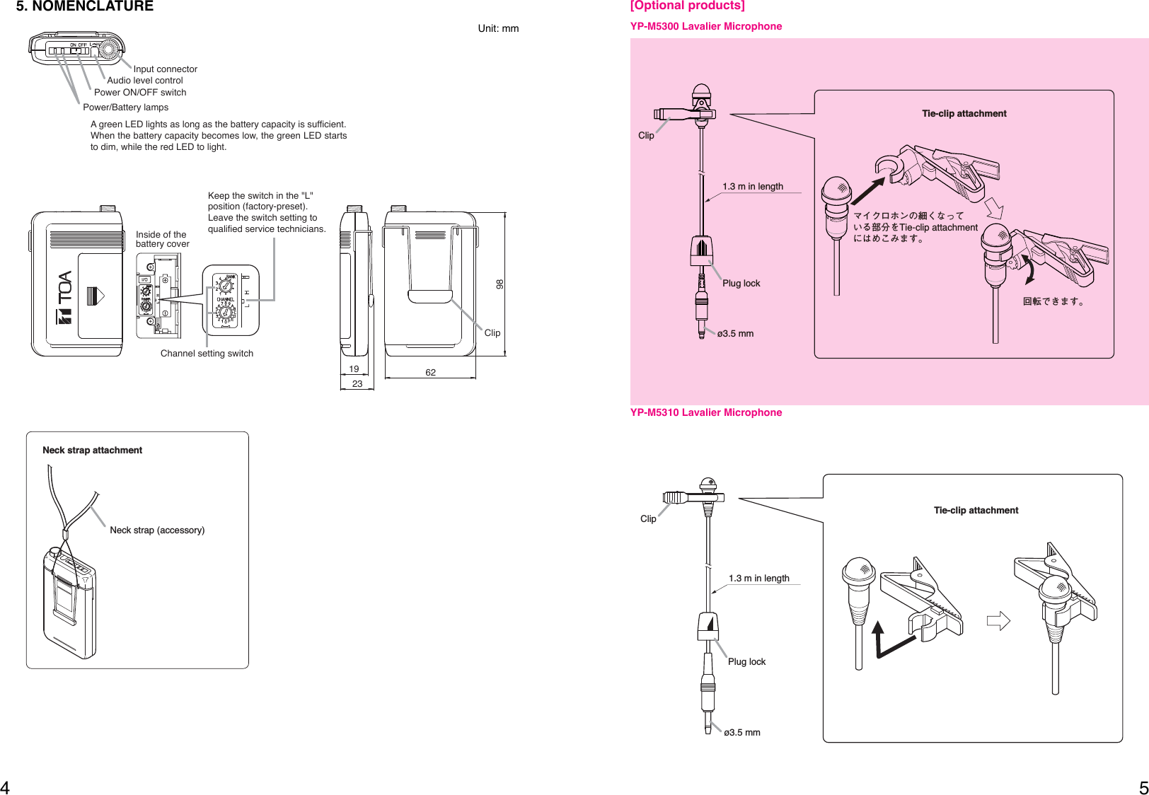 54Tie-clip attachmentClipPlug lockø3.5 mm1.3 m in length[Optional products] Neck strap attachmentNeck strap (accessory) Unit: mm5. NOMENCLATUREInside of the battery coverChannel setting switchKeep the switch in the &quot;L&quot; position (factory-preset). Leave the switch setting to qualified service technicians.Audio level controlPower ON/OFF switchPower/Battery lamps 19236298ClipA green LED lights as long as the battery capacity is sufficient.When the battery capacity becomes low, the green LED starts to dim, while the red LED to light.Input connectorYP-M5310 Lavalier MicrophoneClipPlug lockø3.5 mm1.3 m in lengthTie-clip attachment回転できます。マイクロホンの細くなっている部分をTie-clip attachmentにはめこみます。YP-M5300 Lavalier Microphone