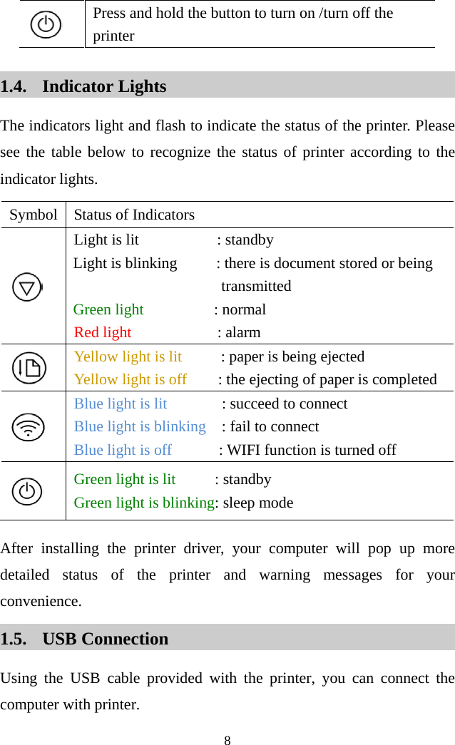  8   Press and hold the button to turn on /turn off the printer              1.4. Indicator Lights The indicators light and flash to indicate the status of the printer. Please see the table below to recognize the status of printer according to the indicator lights. Symbol  Status of Indicators  Light is lit           : standby Light is blinking     : there is document stored or being transmitted Green light         : normal Red light             : alarm  Yellow light is lit     : paper is being ejected Yellow light is off    : the ejecting of paper is completed   Blue light is lit         : succeed to connect Blue light is blinking    : fail to connect   Blue light is off      : WIFI function is turned off    Green light is lit     : standby Green light is blinking: sleep mode   After installing the printer driver, your computer will pop up more detailed status of the printer and warning messages for your convenience.   1.5. USB Connection Using the USB cable provided with the printer, you can connect the computer with printer.   