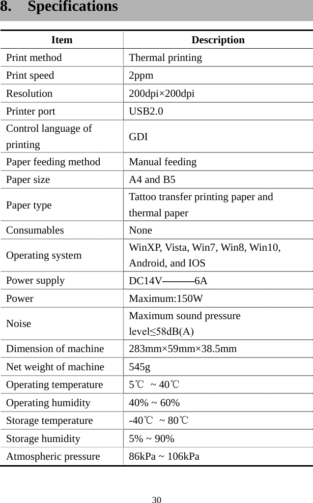  30  8. Specifications Item Description Print method Thermal printing Print speed 2ppm Resolution 200dpi×200dpi Printer port USB2.0 Control language of printing GDI Paper feeding method Manual feeding Paper size A4 and B5 Paper type Tattoo transfer printing paper and thermal paper Consumables   None Operating system   WinXP, Vista, Win7, Win8, Win10, Android, and IOS Power supply DC14V———6A Power Maximum:150W Noise Maximum sound pressure level≤58dB(A) Dimension of machine 283mm×59mm×38.5mm Net weight of machine 545g Operating temperature  5℃ ~ 40℃ Operating humidity 40% ~ 60% Storage temperature  -40℃ ~ 80℃ Storage humidity 5% ~ 90% Atmospheric pressure 86kPa ~ 106kPa 