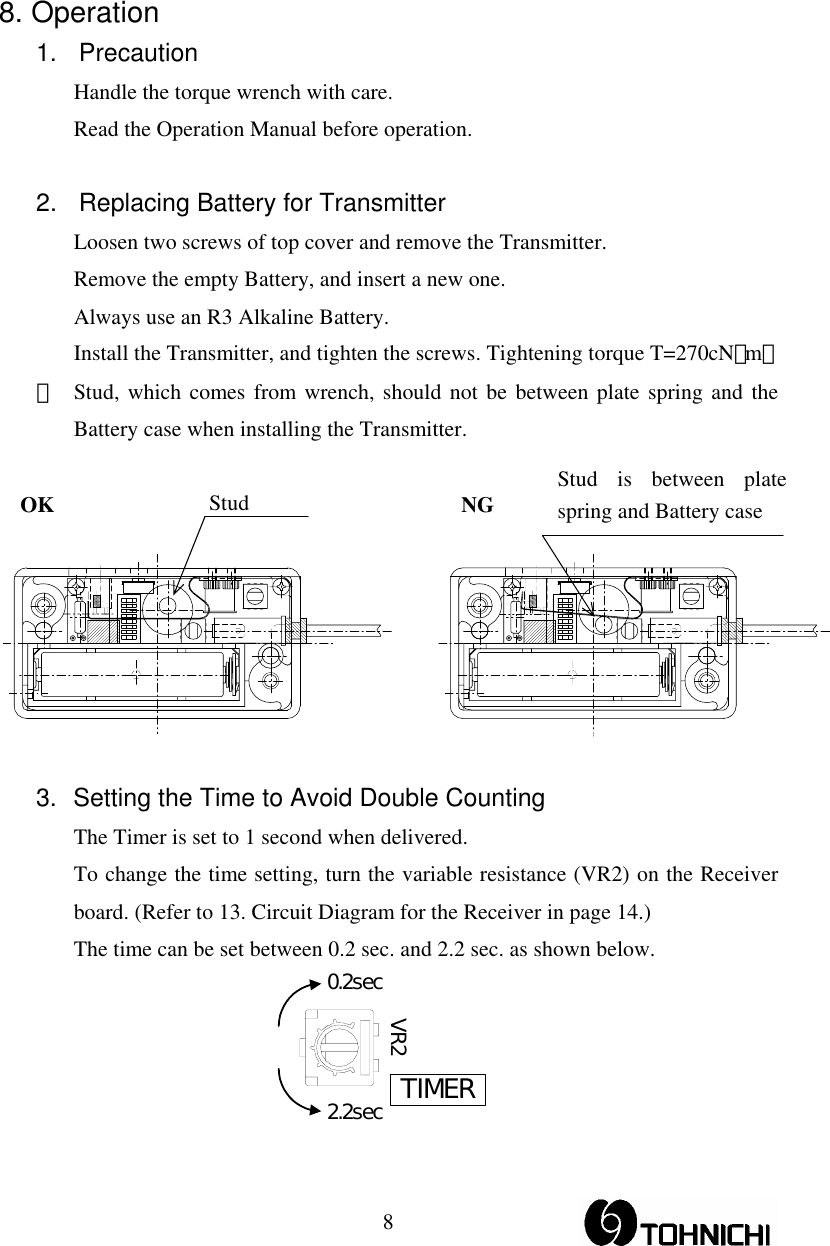  88. Operation 1. Precaution Handle the torque wrench with care. Read the Operation Manual before operation.  2.  Replacing Battery for Transmitter Loosen two screws of top cover and remove the Transmitter. Remove the empty Battery, and insert a new one. Always use an R3 Alkaline Battery. Install the Transmitter, and tighten the screws. Tightening torque T=270cN･m） ※  Stud, which comes from wrench, should not be between plate spring and the Battery case when installing the Transmitter.  OK                                     NG    3.  Setting the Time to Avoid Double Counting The Timer is set to 1 second when delivered. To change the time setting, turn the variable resistance (VR2) on the Receiver board. (Refer to 13. Circuit Diagram for the Receiver in page 14.) The time can be set between 0.2 sec. and 2.2 sec. as shown below. 0.2sec2.2secVR2TIMER Stud is between plate spring and Battery case Stud 